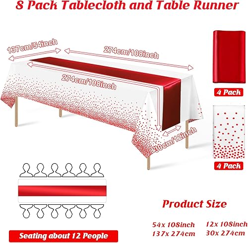 Miniatura 2 de Juego de 8 manteles de plástico desechables y camino de mesa de satén, mantel con lunares blancos y rojos, camino de mesa de satén rojo para bodas,