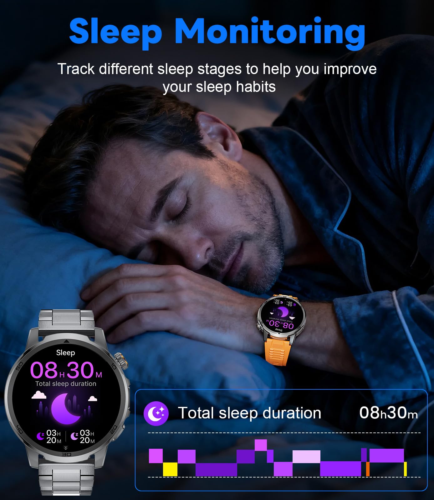 Montre Connectée Homme, 1,85" Grande Écran/Appel Bluetooth/1000mAh/LED Torche, Smartwatch Homme avec Moniteur de Fréquence Cardiaque/Sommeil/IP68 Étanche/110+ Modes Sportifs Android iOS, Noir-Acier