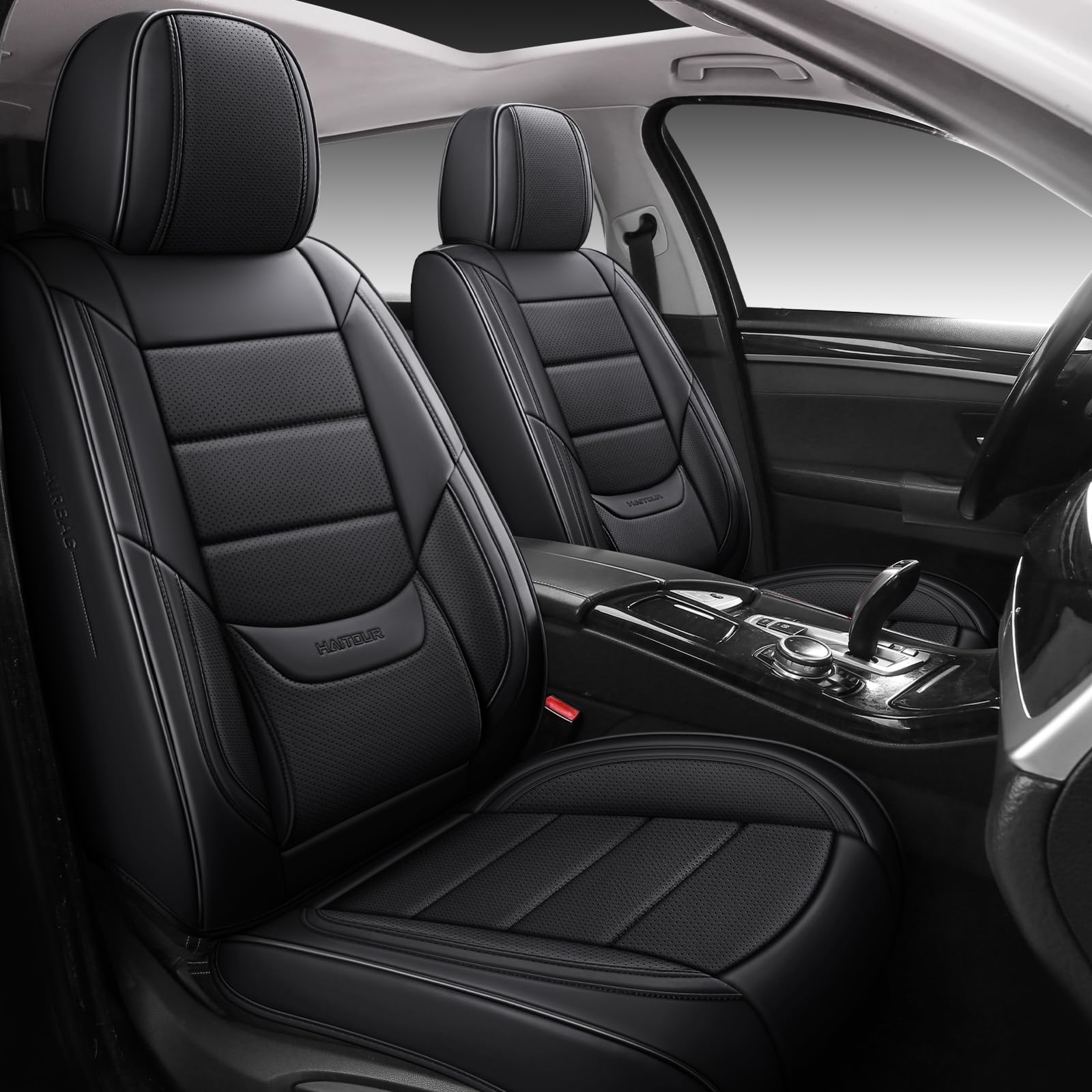 HAITOUR Full Coverage Faux Leather Car Seat Covers Universal Fit for Cars,Trucks,SUVs with Waterproof Leatherette in Automotive Seat Cover Accessories(Black)