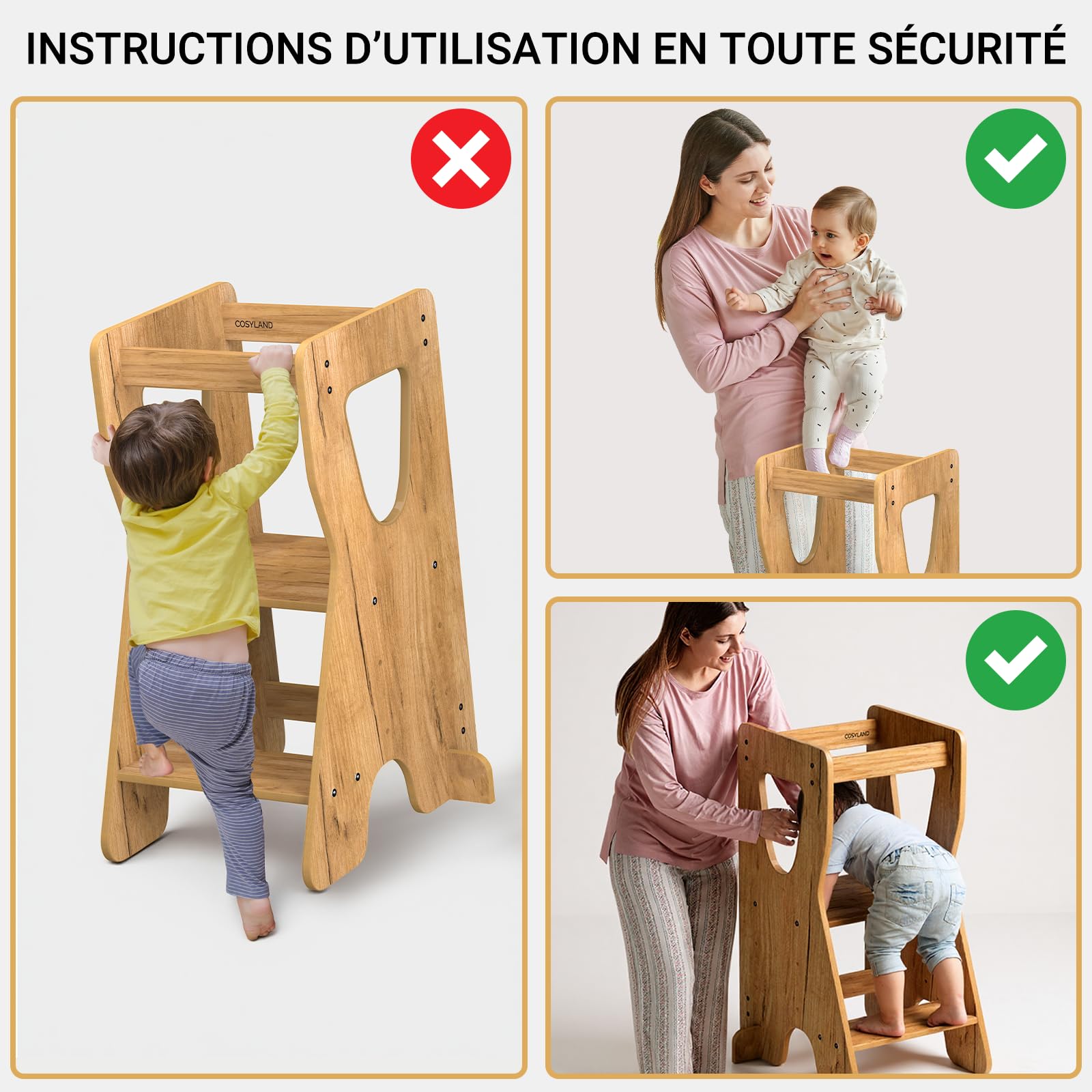 COSYLAND Tour d'Observation Montessori Réglable en Hauteur pour Enfants 18 Mois-6 Ans, Chaise d'Apprentissage en Bois Sécurisée, Design Stable Moderne