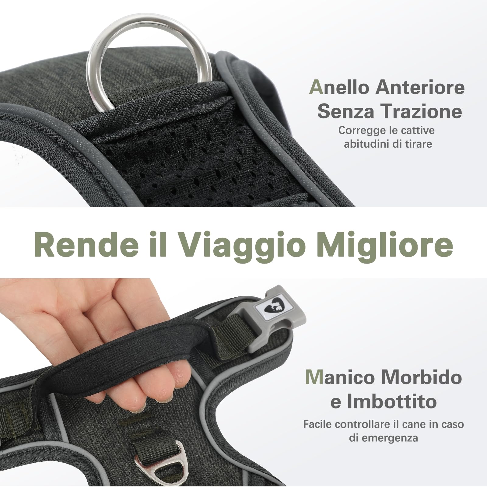 COMSLE Pettorina Cane Taglia Grande Media Piccola, Pettorina Cane ad h Riflettente, Pettorina Anti Tiro per Cani Regolabile con Doppio Anello, Imbracatura Cani Traspirante, Verde Scuro, M