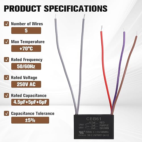 Miniatura 2 de Podoy Condensador de ventilador de techo CBB61 5 cables para compatible con New Tech 4.5uf+5uf+6uf 250VAC (paquete de 2)