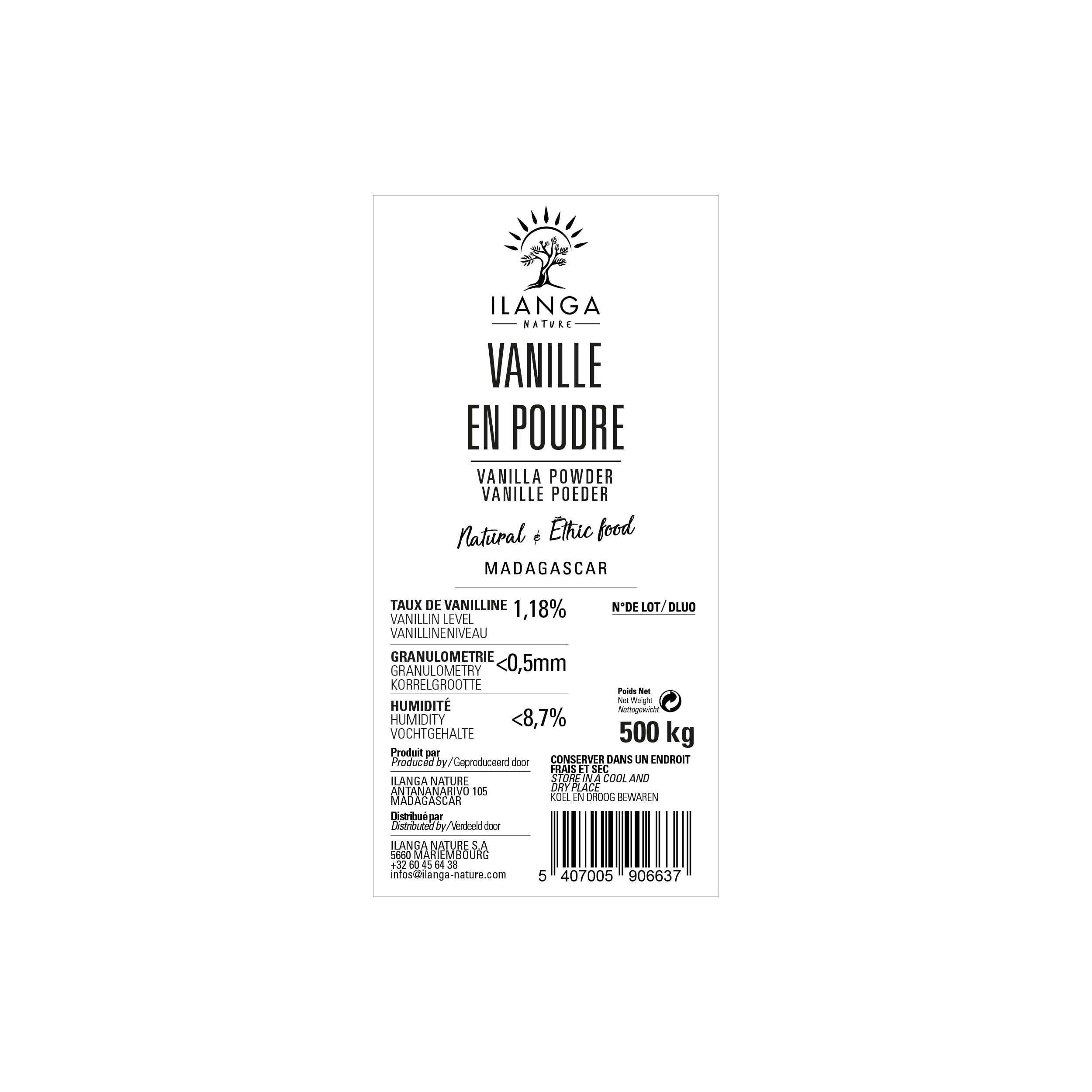 Ilanga Nature Poudre de Vanille Bourbon de Madagascar 500g, Vanille Pure Premium, Vanille Naturelle Moulue, Arôme Intense, Sans Additifs, Idéale pour Pâtisserie, Desserts et Cuisine