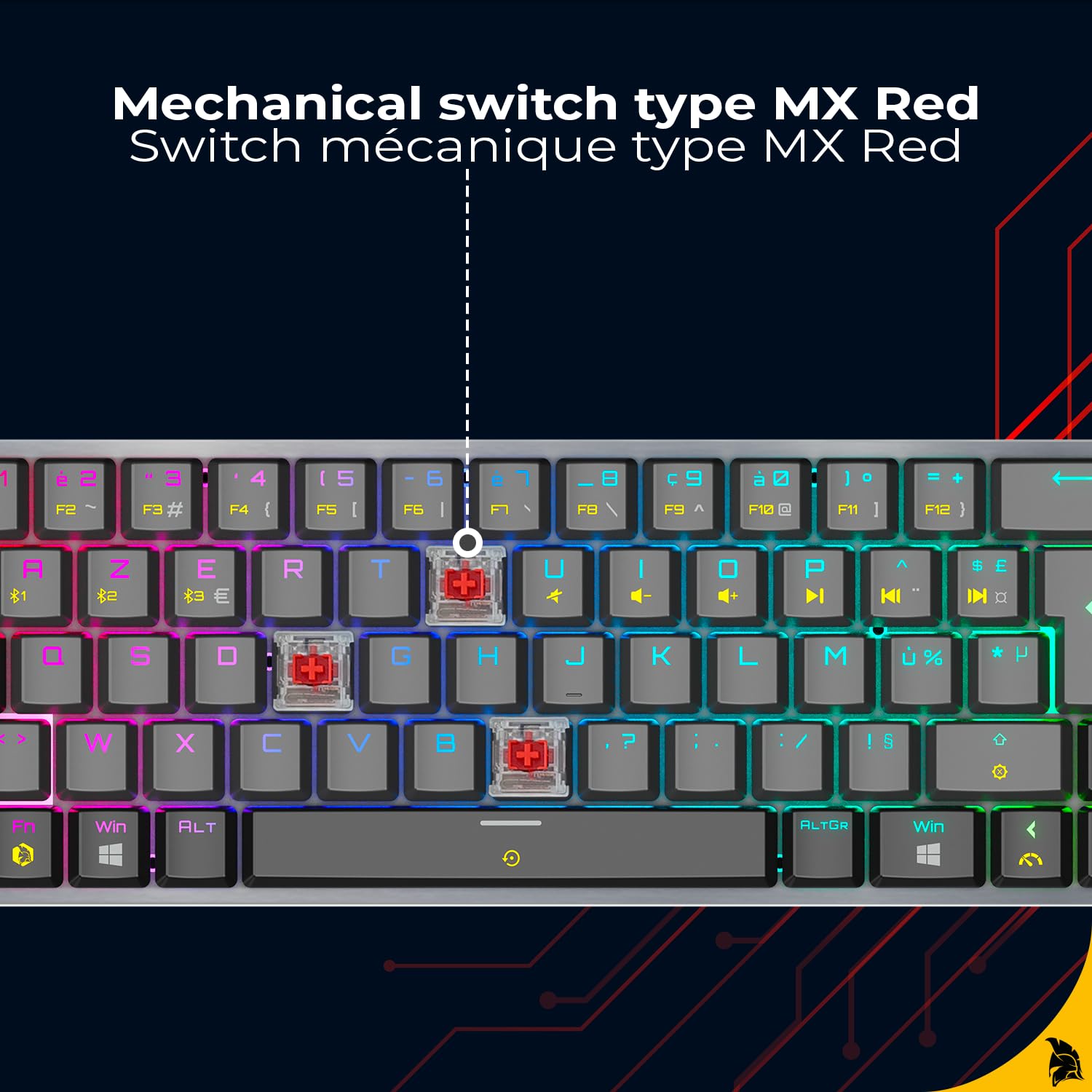 EMPIRE GAMING RF241 - Tastiera da Gioco Meccanica Compatta Senza Fili Ricaricabile FR(AZERTY), Tripla Modalità (2,4 GHz, Bluetooth, USB-C), 69 Tasti MX Red, RGB, NKRO, Compatibile con PC, Mac