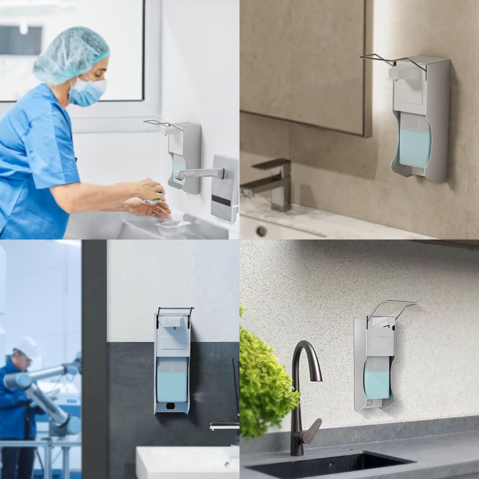 Distributore europeo con fissaggio a parete e pressione gomito per disinfettanti e saponi – Dispenser di sapone bianco in alluminio, 1000 MLx2