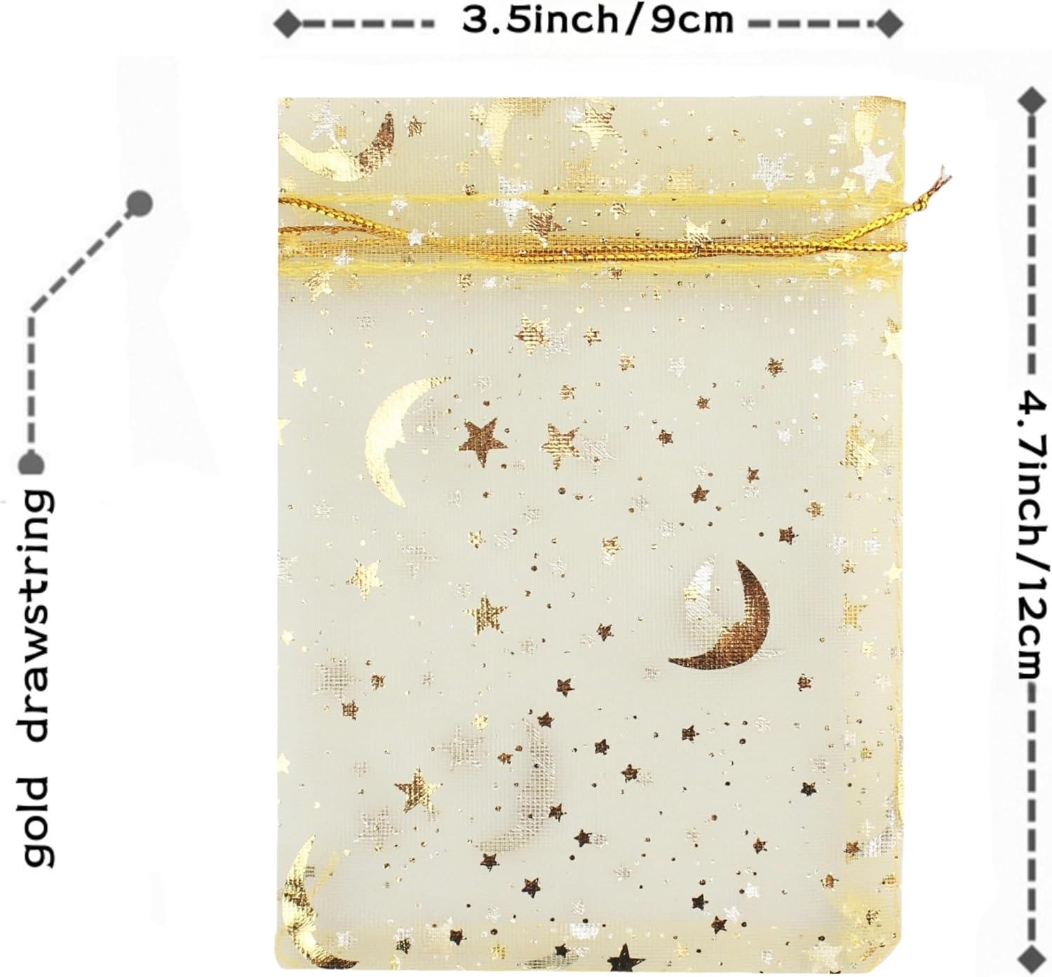 100 Pack 3.5 x 4.7 Inch Moon Star Organza Drawstring Bag B923, Gold image 2