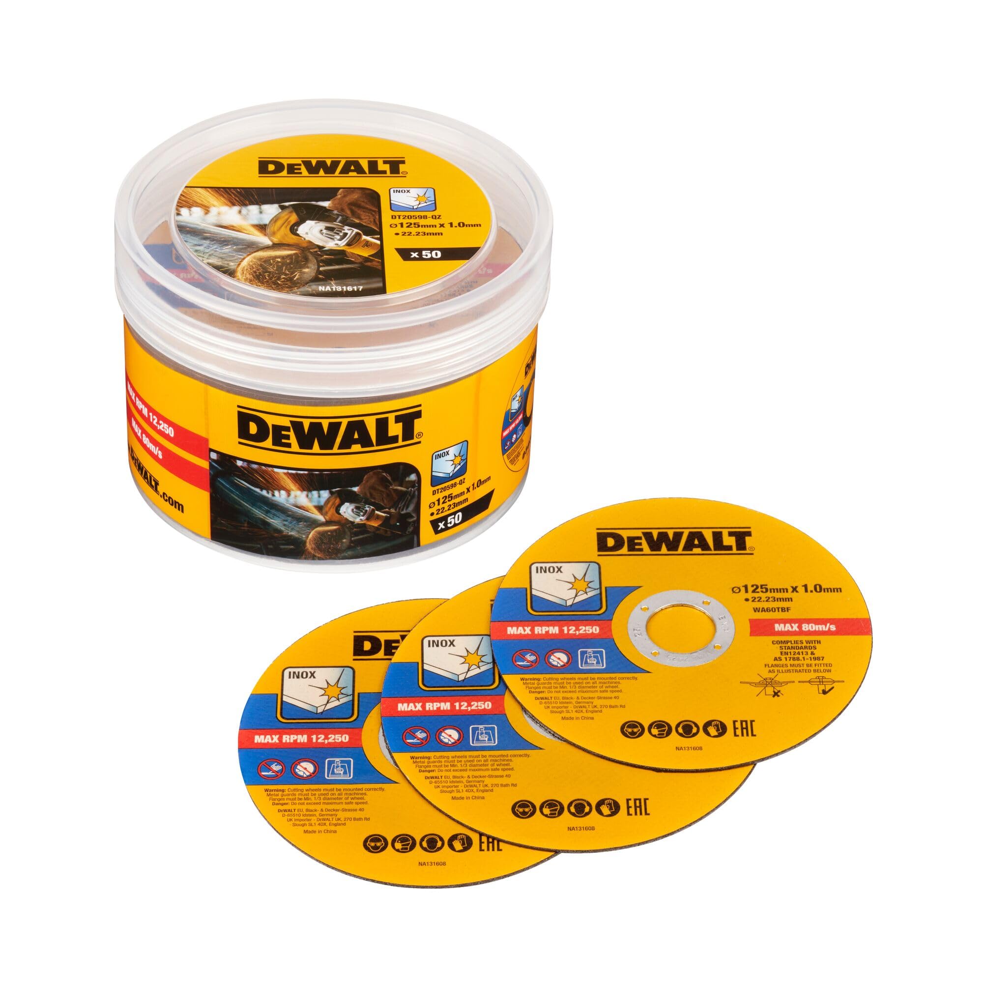 DEWALT DT20598-QZ - Disco de corte de acero inoxidable, ø 125 mm x 1,0 mm, Cortes rápidos y limpios, Para amoladoras angulares, Incluye 50 piezas en un cubo