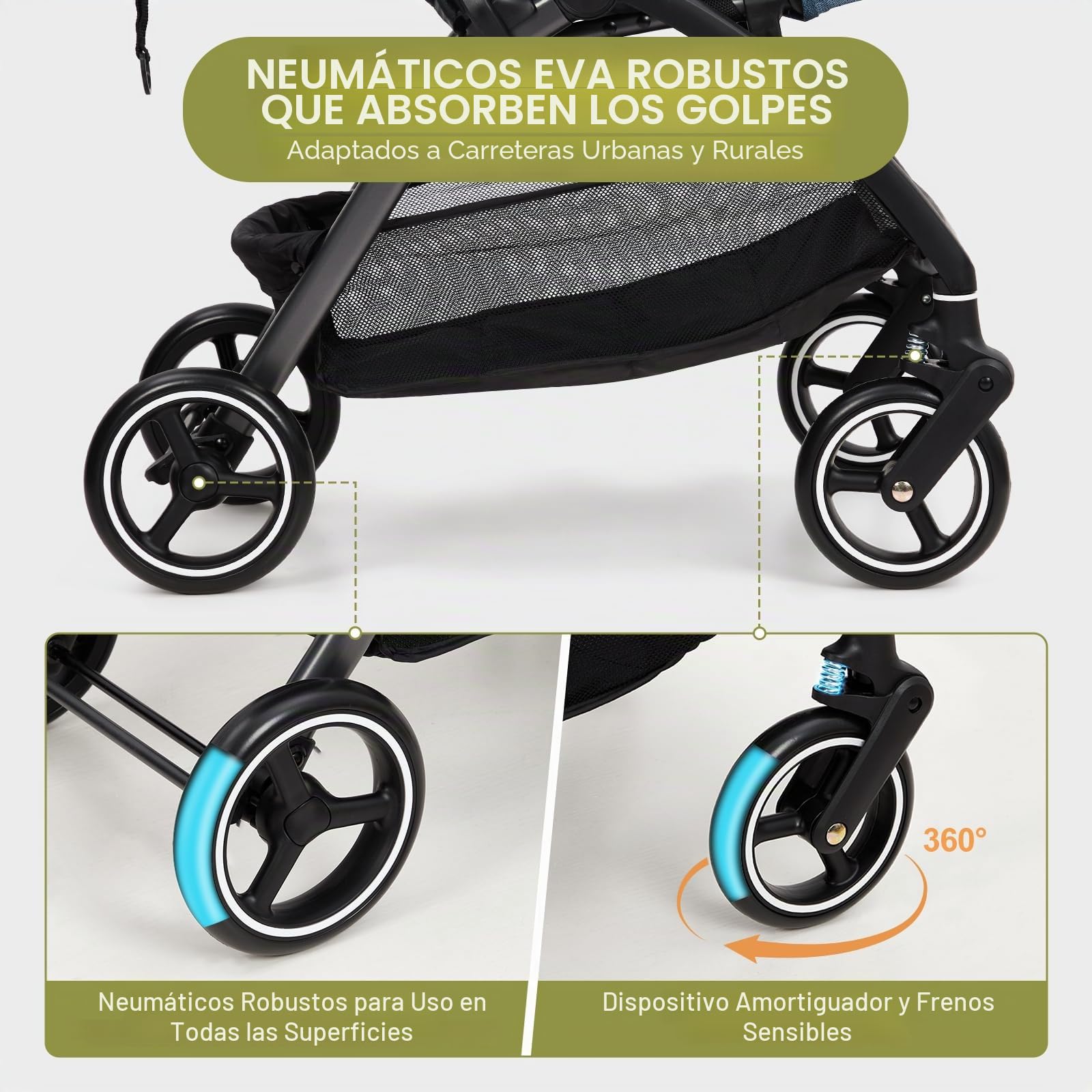 GarveeHome Cochecito de bebé plegable - Respaldo regulable hasta 175° - Ruedas EVA con amortiguación - Hasta 22 kg - Arnés de 5 puntos - Cesta de almacenaje grande - baby stroller para todo terreno