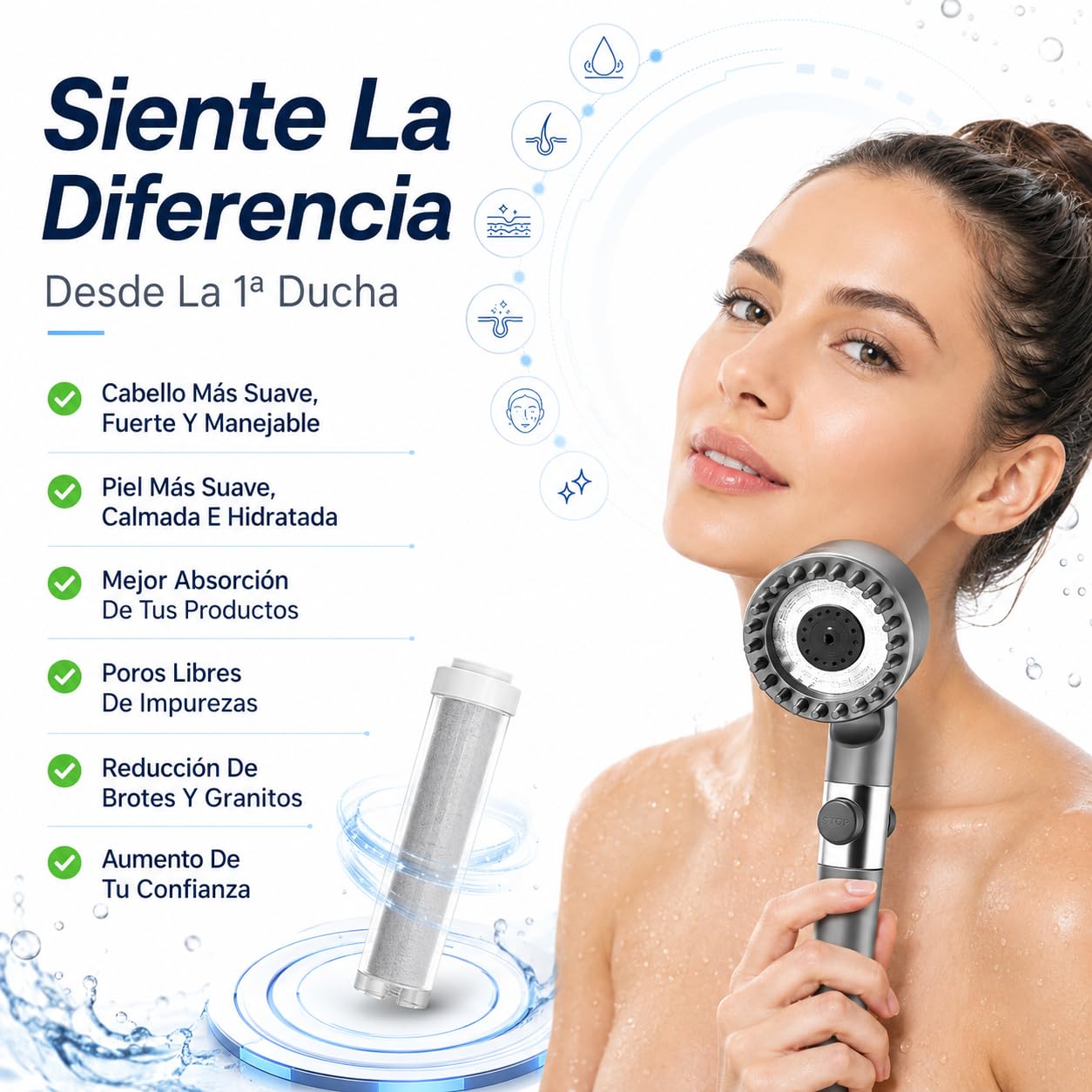 Oasis Cabezal De Ducha Con Filtro - Shower Filter Para Baño Moderno, Cabezal De Mano Con Filtro, Presión Estable Y Cambio Fácil De Modo