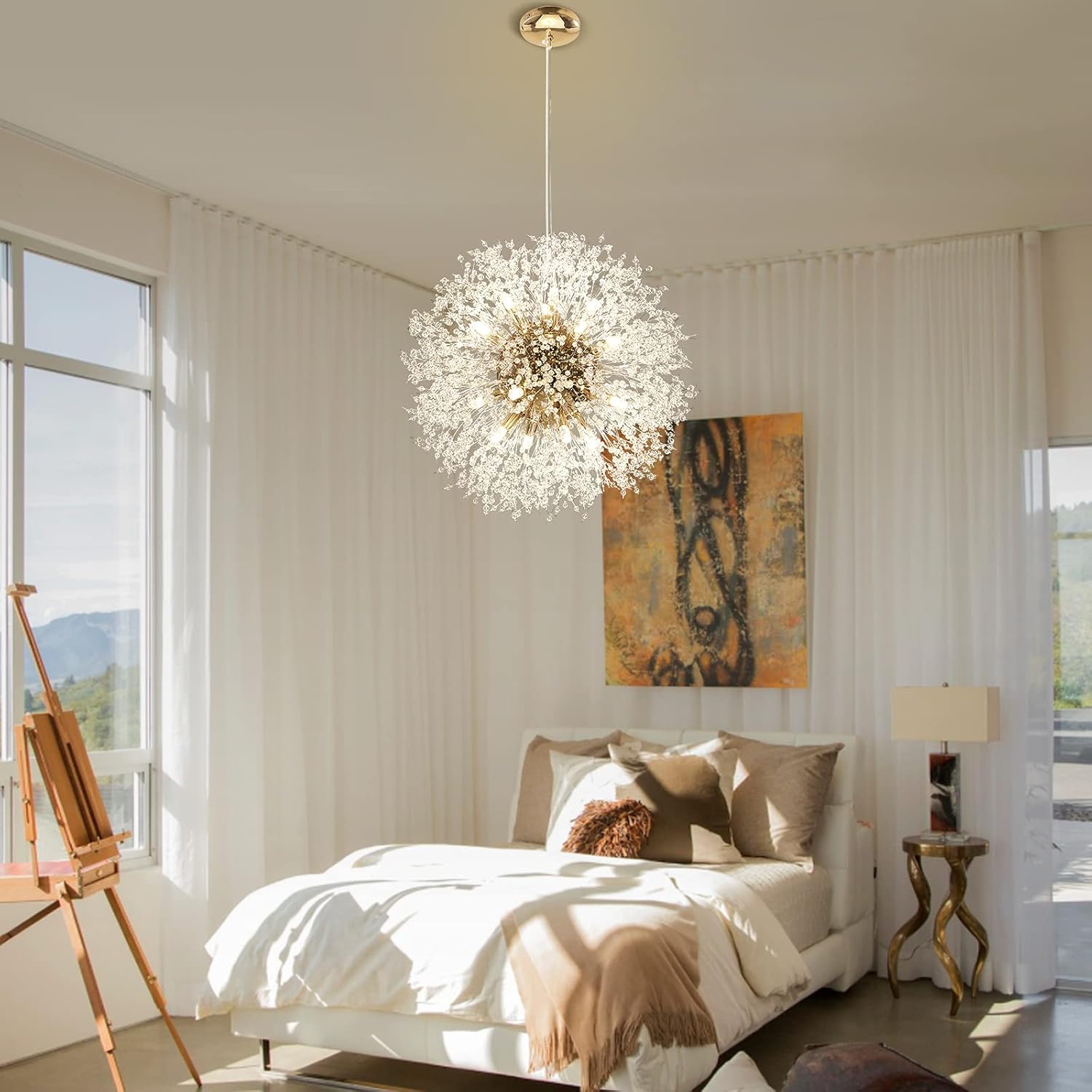 Lingkai 23.6" Gold Modern Crystal Chandeliers Firework, Bubble Chandelier Lighting for Bathroom Dining Room Bedroom Kitchen Island Living Room Light Fixture, 16-Light Gold Hanging Round Chandalier