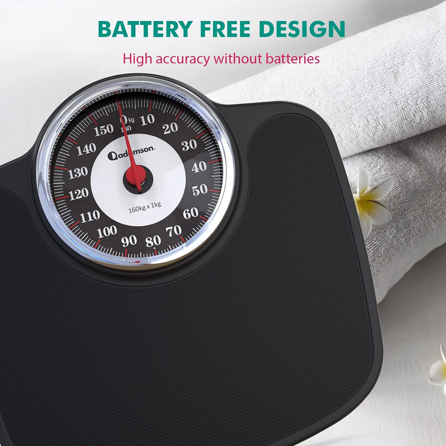Close-up image of the Adamson A27 scale's dial, highlighting its battery-free design and high accuracy.