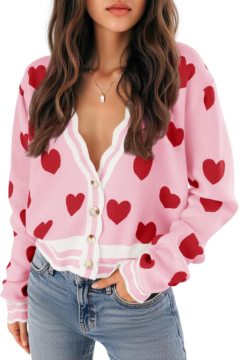Saodimallsu Womens Cute Heart Cardigan Sweaters Button V Neck Long Sleeve Color Block Knit Valentines Sweater