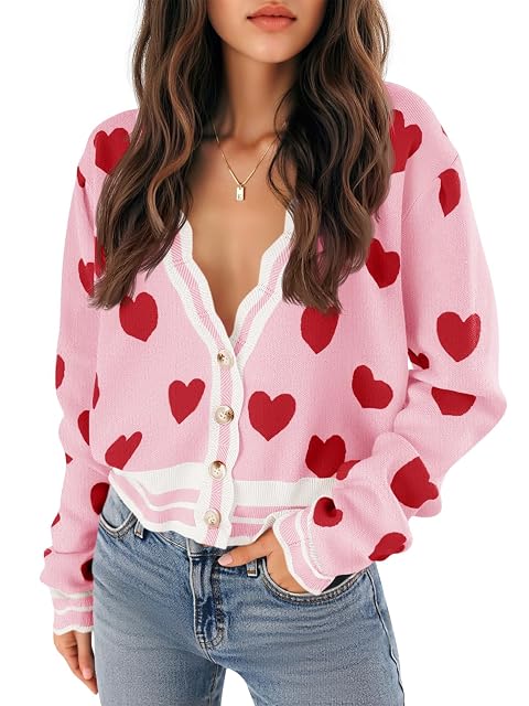 Saodimallsu Womens Cute Heart Cardigan Sweaters Button V Neck Long Sleeve Color Block Knit Valentines Sweater