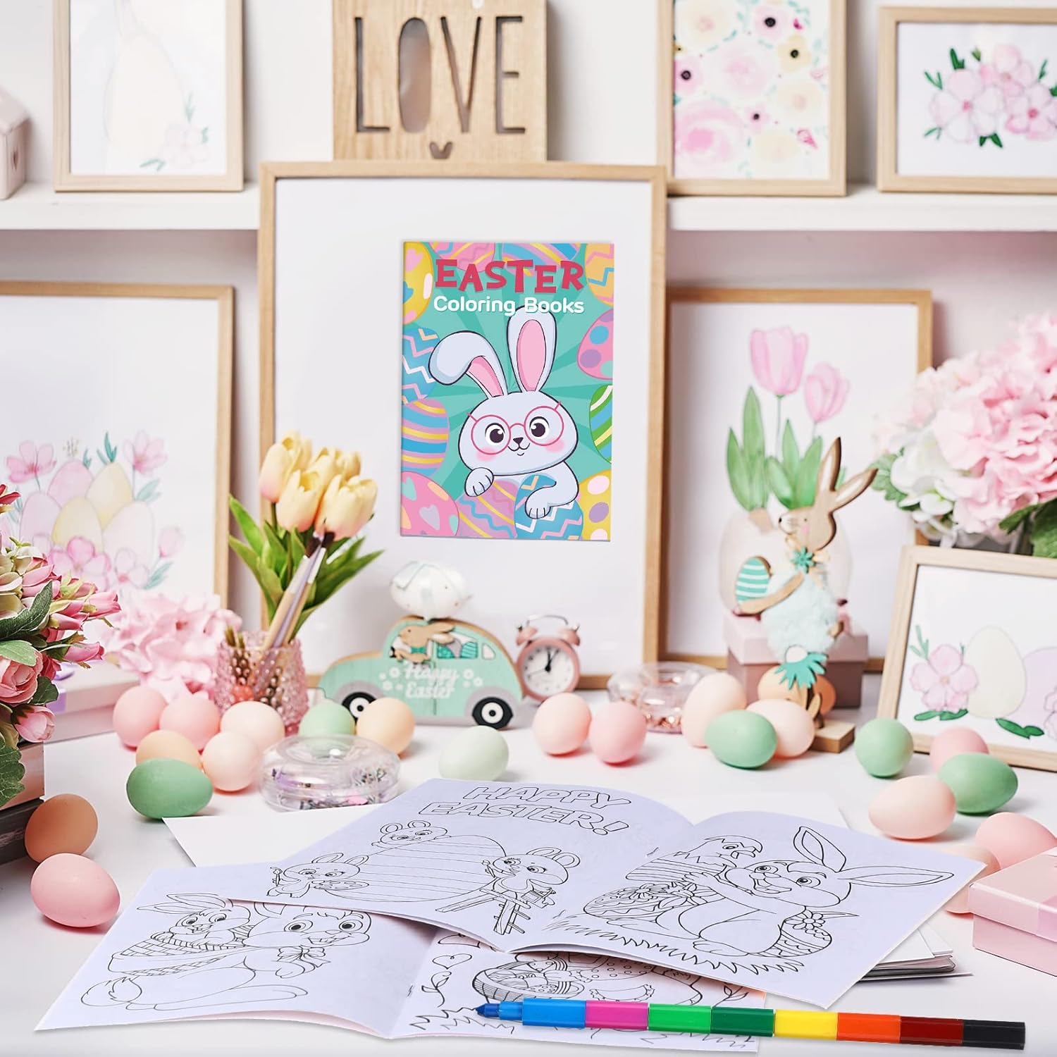 Funrous 24 Pcs Easter Coloring Books Bulk with 24 Stacking Crayons for Kids Party Favors Happy Easter Activity Books Goodie Bags Basket Stuffers for Holiday School Classroom Activity Party Supplies
