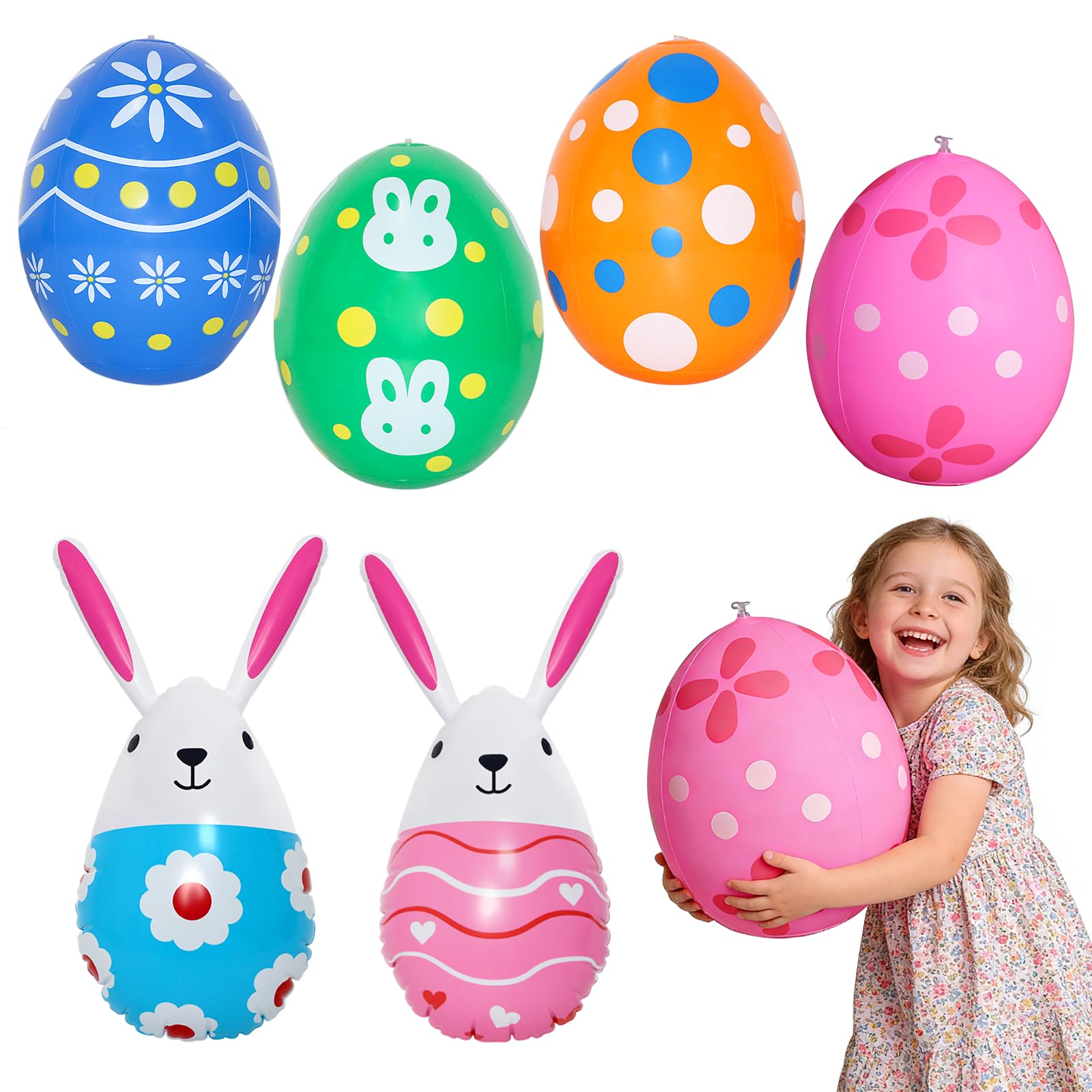 ZJKUBOIS Aufblasbare Ostereier 6er-Set für Draußen, Ostereier zum Aufhängen Draussen, Plastik Ostereier XXL inkl. 4 Eiformiger + 2 Aufblasbarer Osterhase, für Rasen, Garten & Außen Dekoration