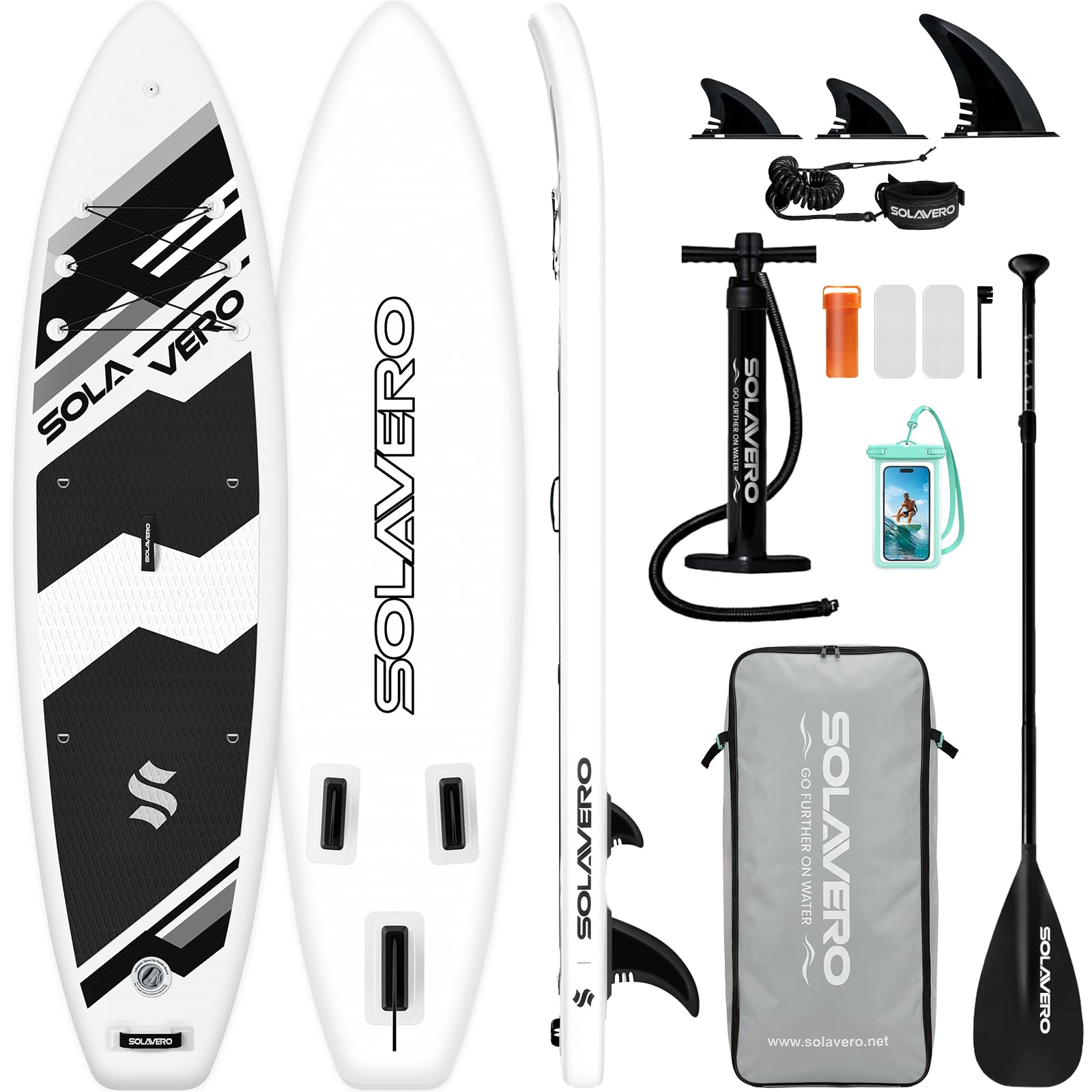 SOLAVERO 11'Inflatable Stand Up Paddle Board Kit, Premium Paddleboard for Adults & Youth, Ultra-Light SUP Board with All Accessories for All Skill Levels, Stable iSUP for 2 People, Maximum Load 200 kg