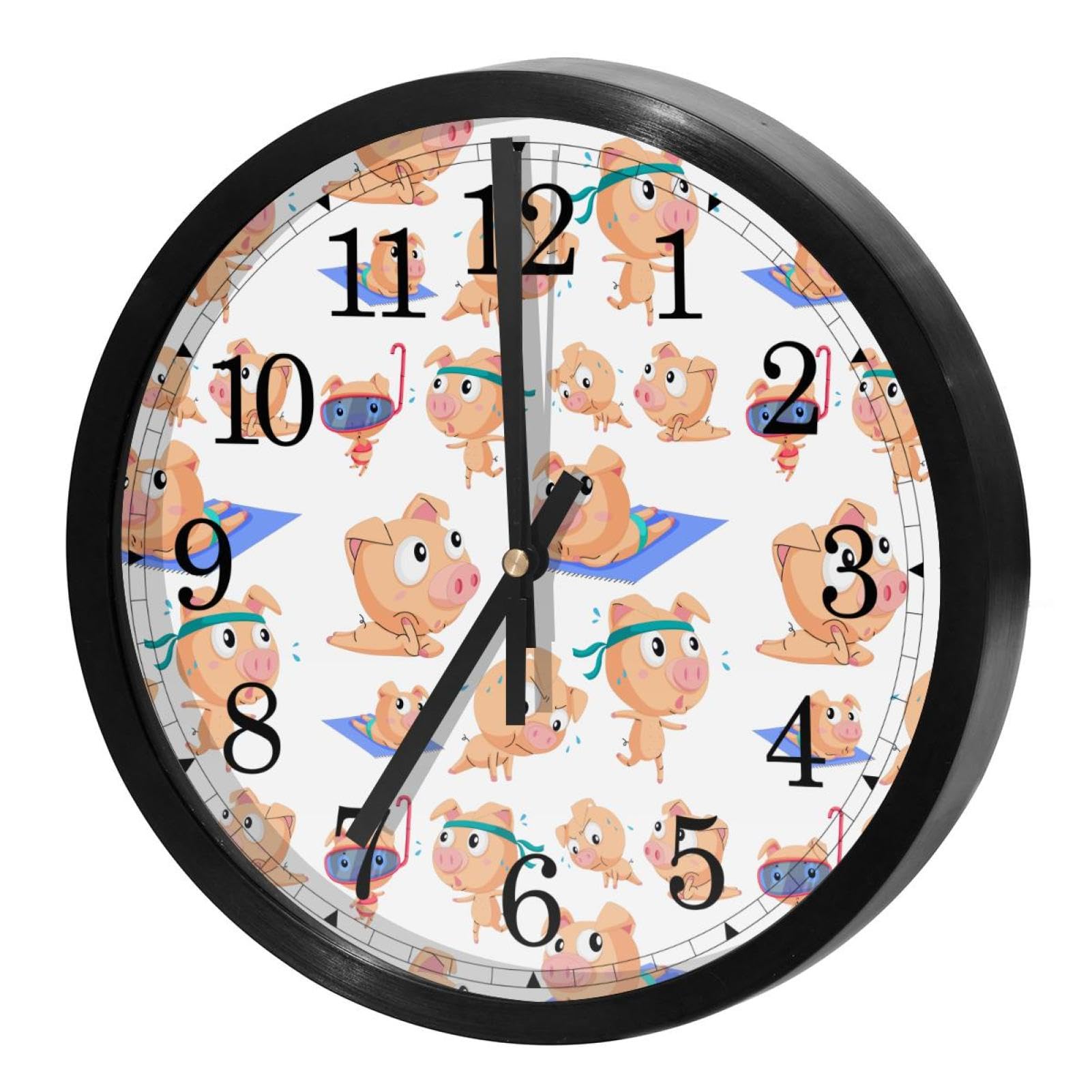 Horloge murale ronde pour cuisine et école, design ludique cochons sportifs à piles