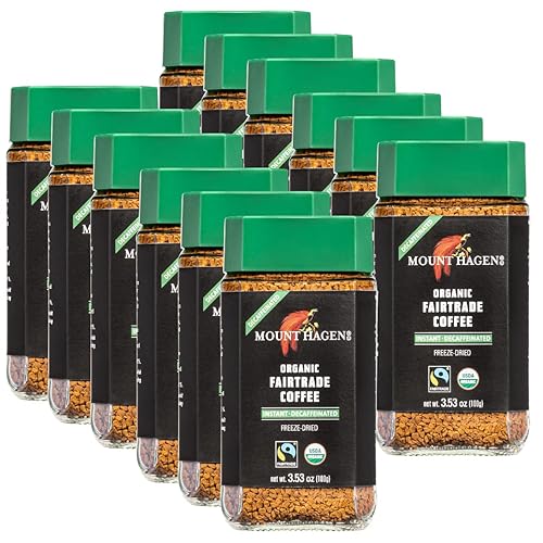 Mount Hagen Café descafeinado instantáneo orgánico liofilizado de 3.53 onzas, paquete de 12  Café descafeinado ecológico de comercio justo hecho de