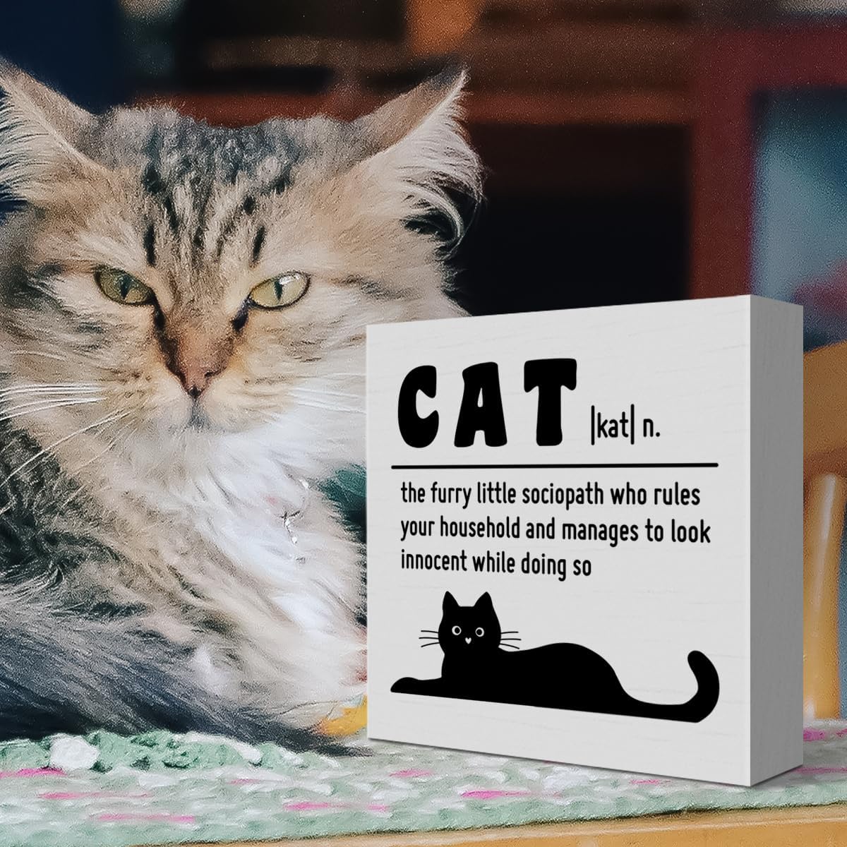 Funny Cat Desk Decor Sign, Cat Lover Decor for Bedroom Cat Room Home Office Kitty Themed Tabletop Decoration Wooden Sign Gifts for Women Men Cat Lover Owner Dad Mom, The Furry Little Sociopath - Image 3