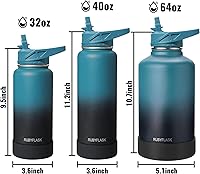 Vista 6 de Botella de agua aislada de 40 onzas con popote, termo de acero inoxidable con vacío, botella de agua térmica grande con 3 tapas a prueba de fugas