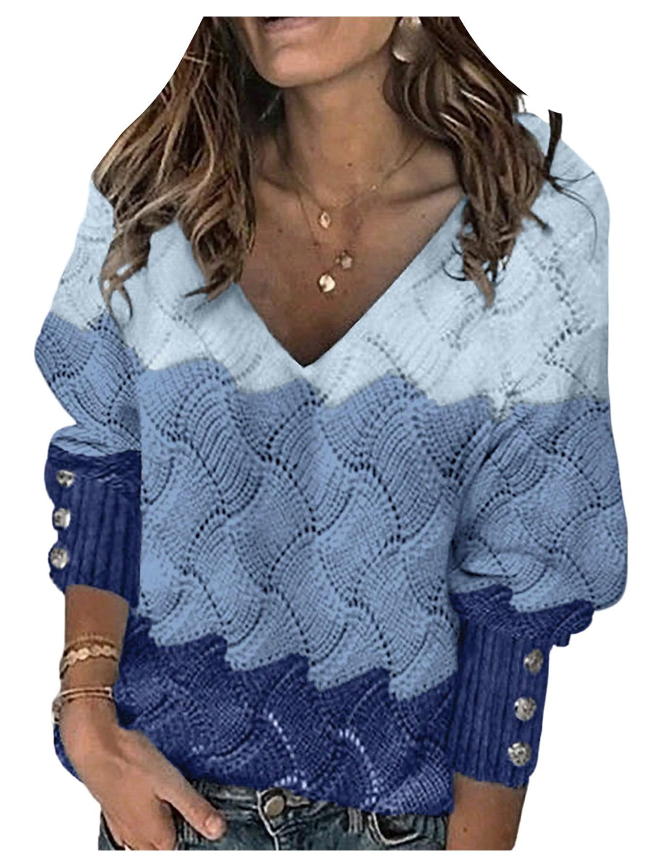 GORGLITTER Womens Colorful Boho Cozy Sweaters Crochet Hollow Out V Neck Long Sleeve Fall Knit Pullover Tops