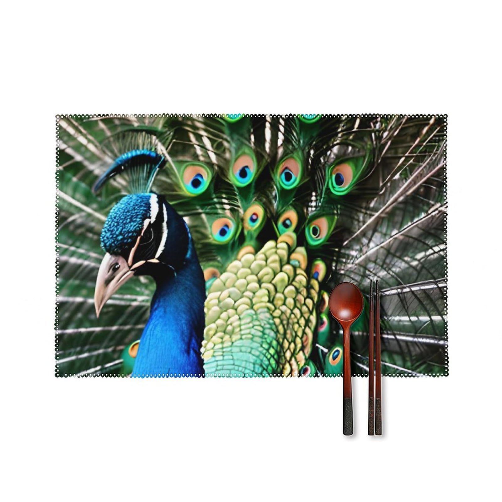 Peacock Placemats Set of 6, 12x18 Inch Heat Resistant Washable Canvas Table Mats, Stain Resistant Decorative Dining Placemats for Kitchen, Restaurant, Outdoor Party