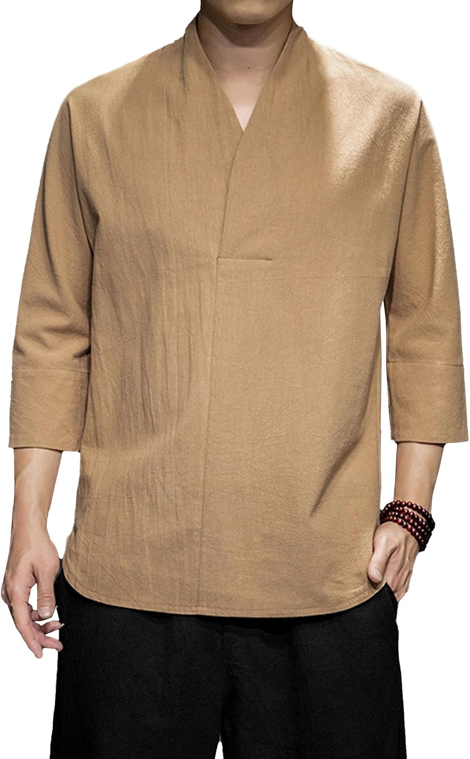 Men's Casual Linen Henley Shirts Long Sleeve Regular Fit Tops Lightweight Chinese Vintage T-Shirt