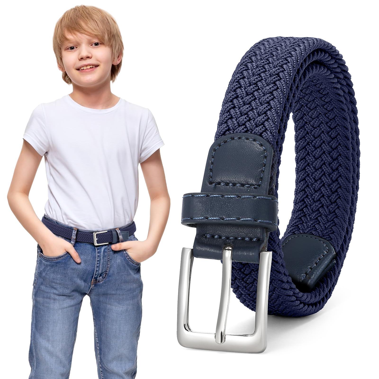 JASGOOD Kids Elastic Braided Belt for Boys and Girls, Stretch Golf Baseball Belt with Silver Buckle