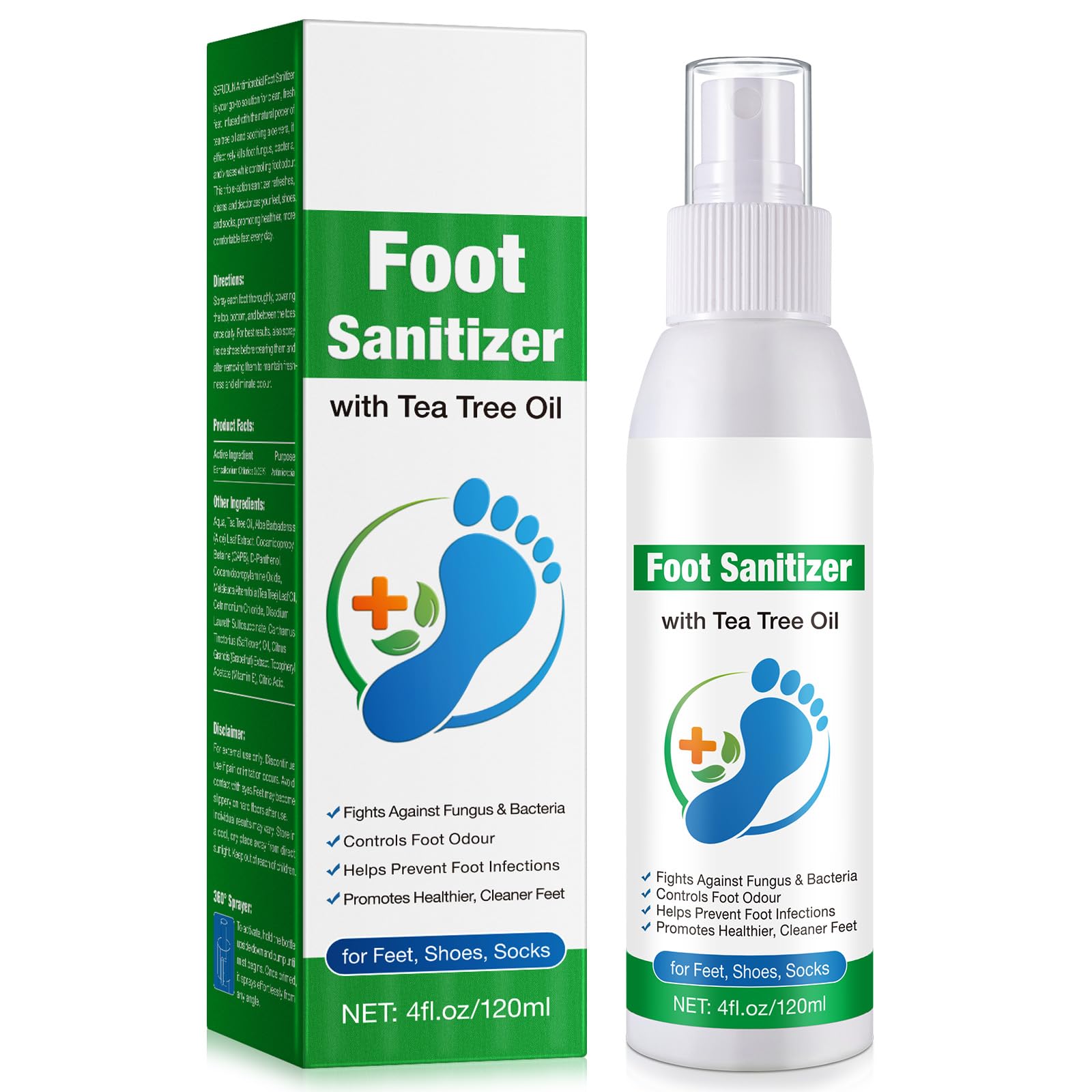 Spray para pies con aceite de árbol de té, transparente y refrescante, 120 ml