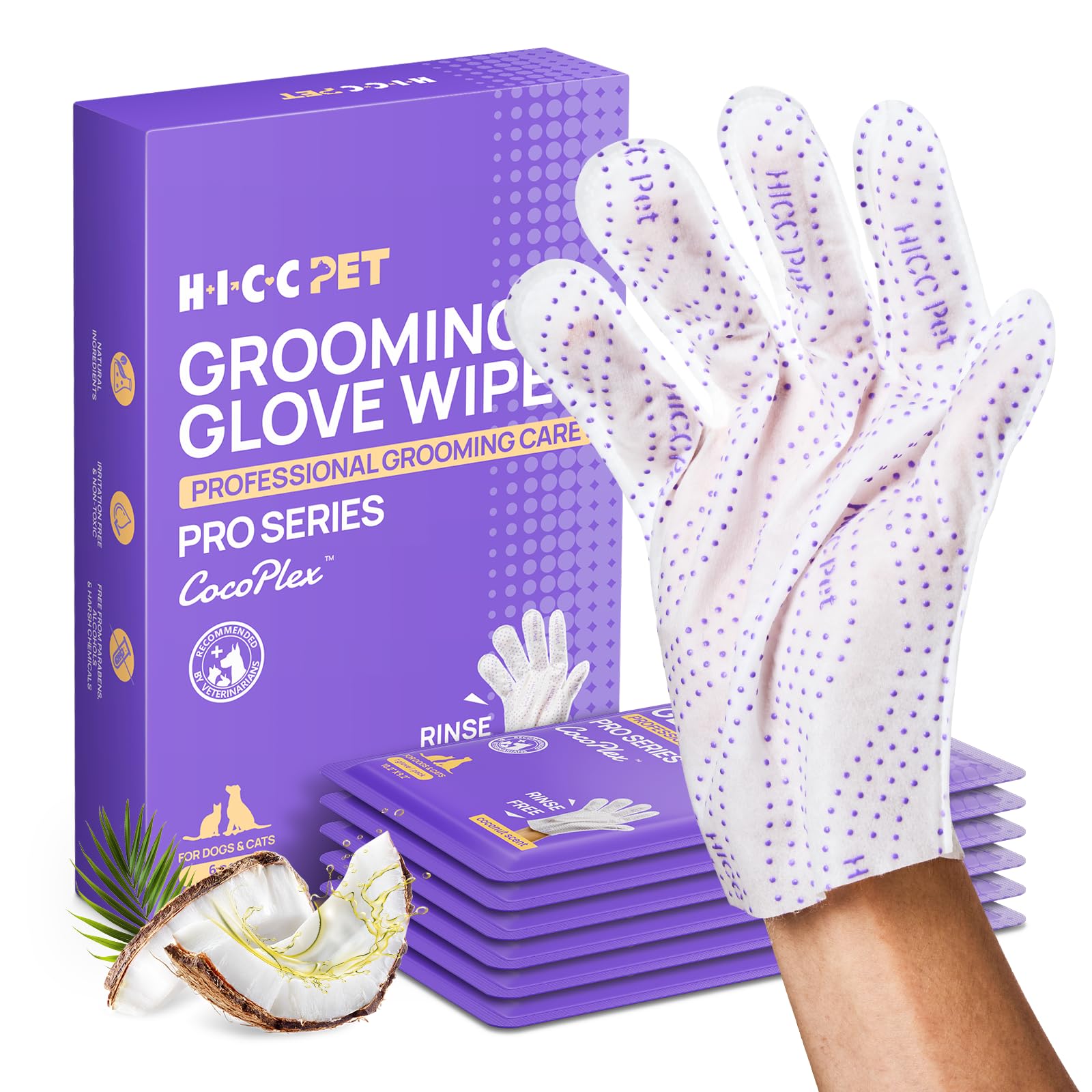 HICC PET Glove Wipes Pro Pet Cleaning Gloves for Dogs Cats Infused with Coconut Oil Plant Extracts Hypoallergenic