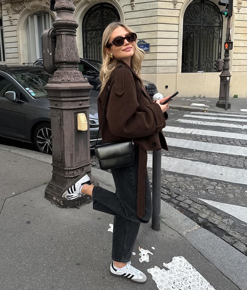 utcoco Womens Cropped Wool Coats Belted Double Breasted Pea Coat Short Jacket Notched Lapel Trench Coat with Pockets - Image 3