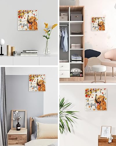 Miniatura 4 de Hello Fall Wooden Wall Clock Silent Non Ticking, Thanksgiving Dog Orange Scarf Maple Leaf Burlap Square Wall Clock Battery Operated, Decor Clock for