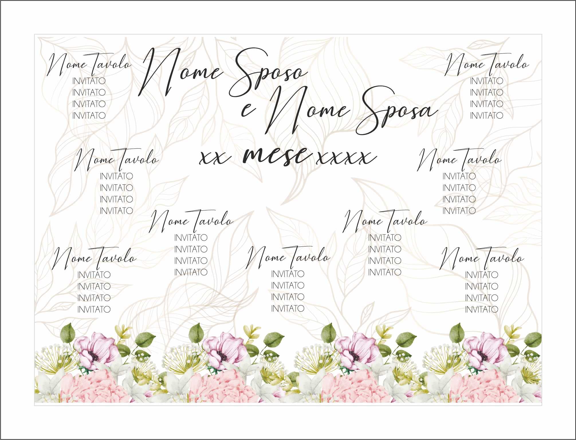 TABLEAU DE MARIAGE IN VARI MATERIALI (PLEXIGLASS) CON STAMPA U.V. AD ALTISSIMA QUALITÁ - PEONIE E FIORI ROSA - completamente PERSONALIZZABILE (PLEXIGLASS 40X60 CM)
