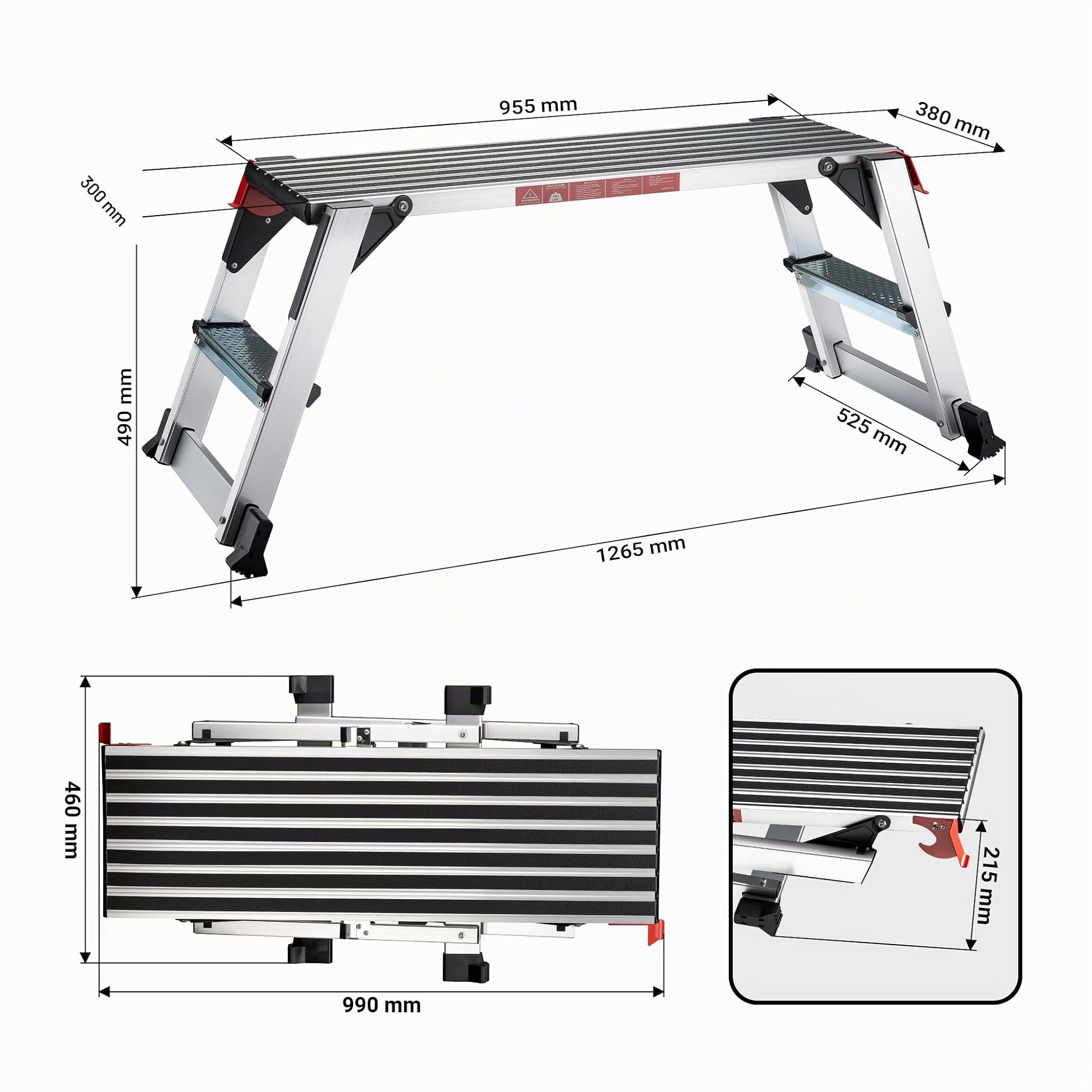 Wiltec Plataforma de Trabajo hasta 150 kg en Aluminio con Superficie de Apoyo de 95 x 30 cm pies Antideslizantes, Patas Plegables