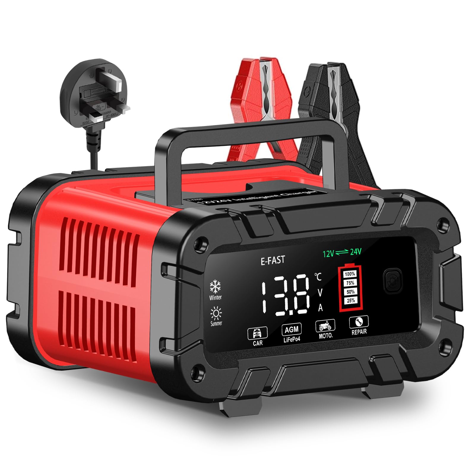 Cargador de batería de coche de 20 amperios, 12 V/24 V Lifepo4 de ácido de plomo mejorado cargador de batería inteligente para automóvil, mantenedor de batería para baterías AGM, motocicleta