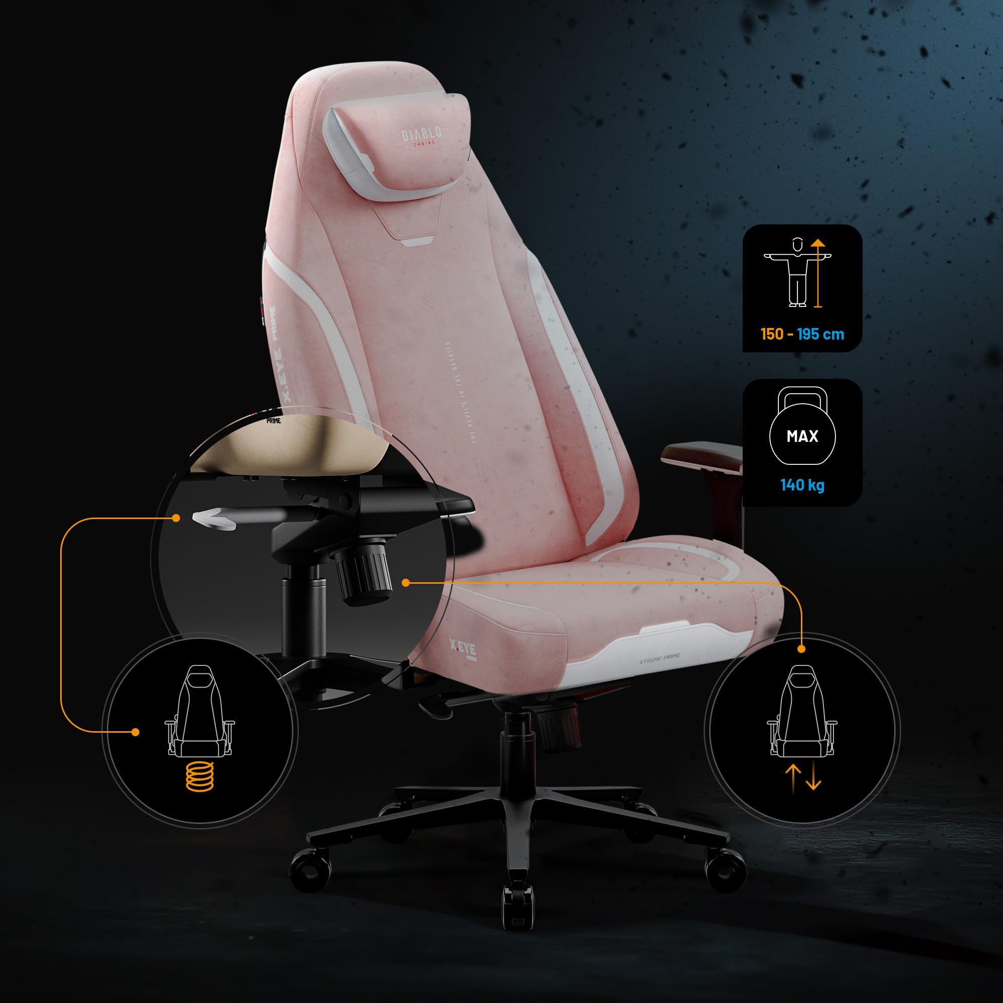 Diablo X-Eye Prime Fotel Gamingowy Ergonomiczny z Chłodzącym Siedziskiem, Magnetycznym Zagłówkiem Memory, Podparciem Lędźwi ProSpine i Podłokietnikami 4D - 140 kg - Akira Pink