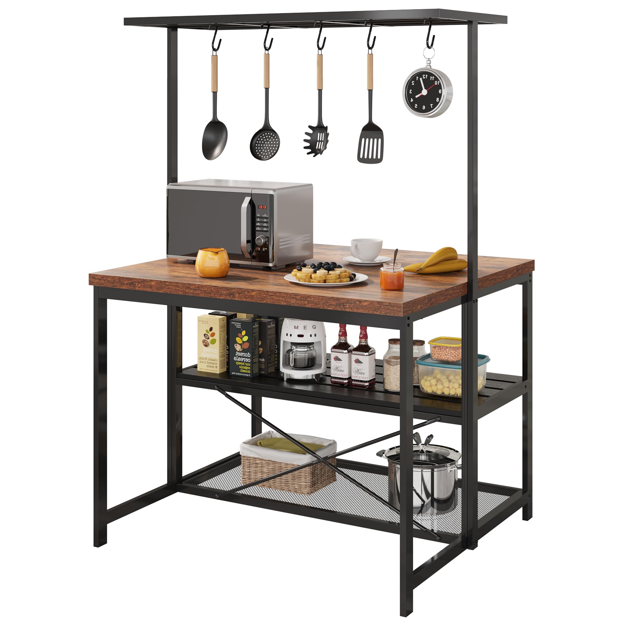IDEALHOUSE 42" Kitchen Island with Seating and Storage - 3-Tier Shelf, 5 Hooks, and Dining Table for Home