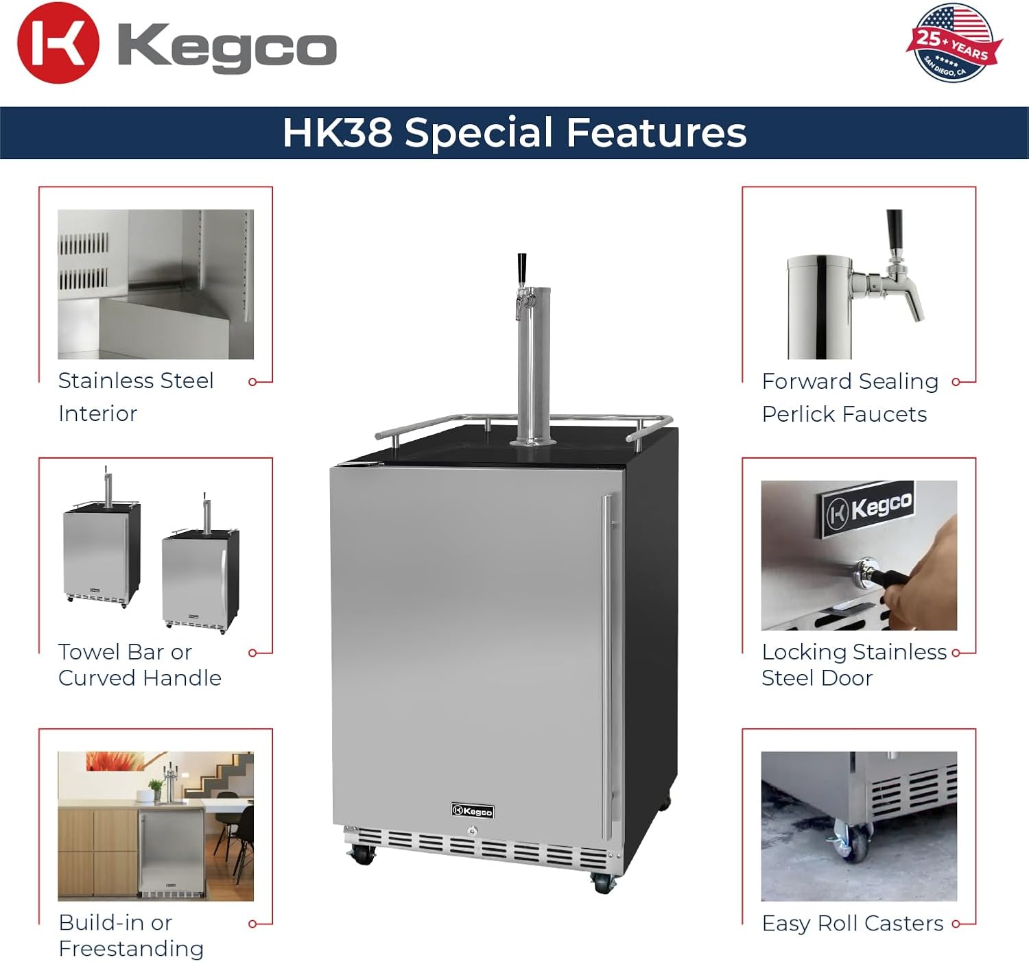 Kegco Kegerator 24" Wide Single Tap Black/Stainless Steel Commercial Beer Dispenser HK38BSC-L-1