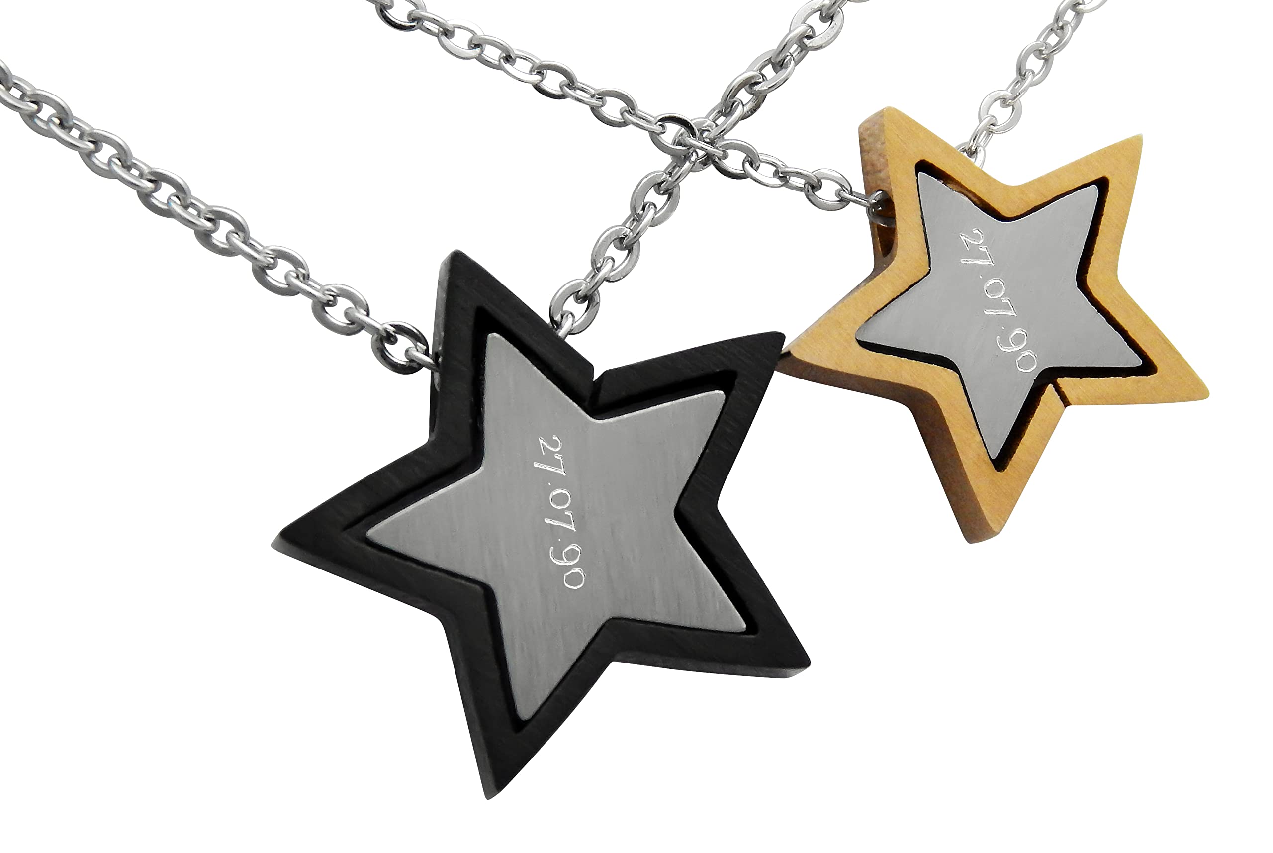 2 Stück Personalisierte Kette mit Gravur Edelstahl 45 cm mit Anhänger Stern mit Datum in silber schwarz gold - Personalisierte Geschenke für Damen Herren Freundin Freund - Partner Halskette