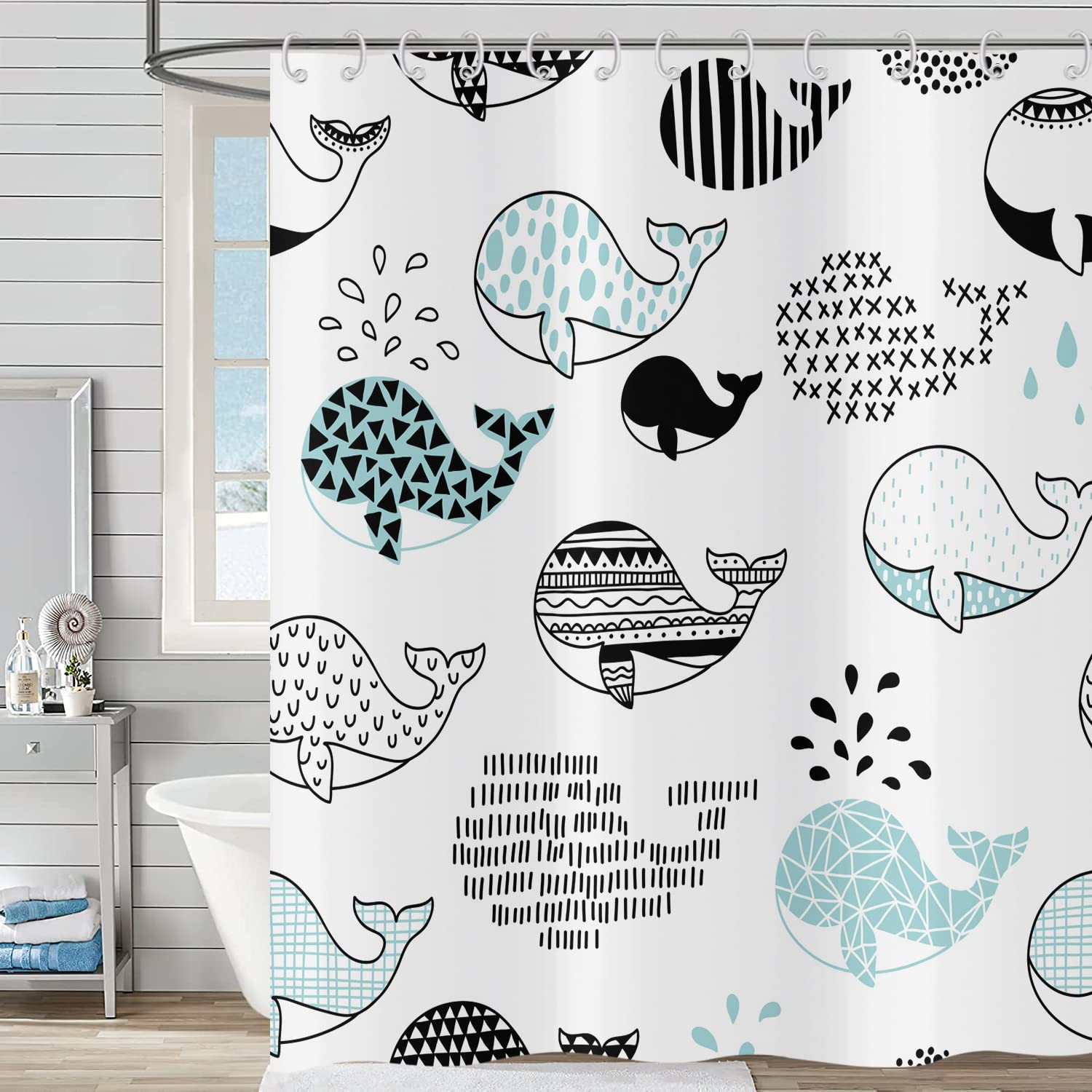 Hnmdmyi Funny Shower Curtain 200x180, Cartoon Whale Shower Curtains Cute Ocean Animal Abstract Black Blue Fish Kids Bathroom Curtains with Hooks Waterproof Polyester Fabric Washable Bath Curtains