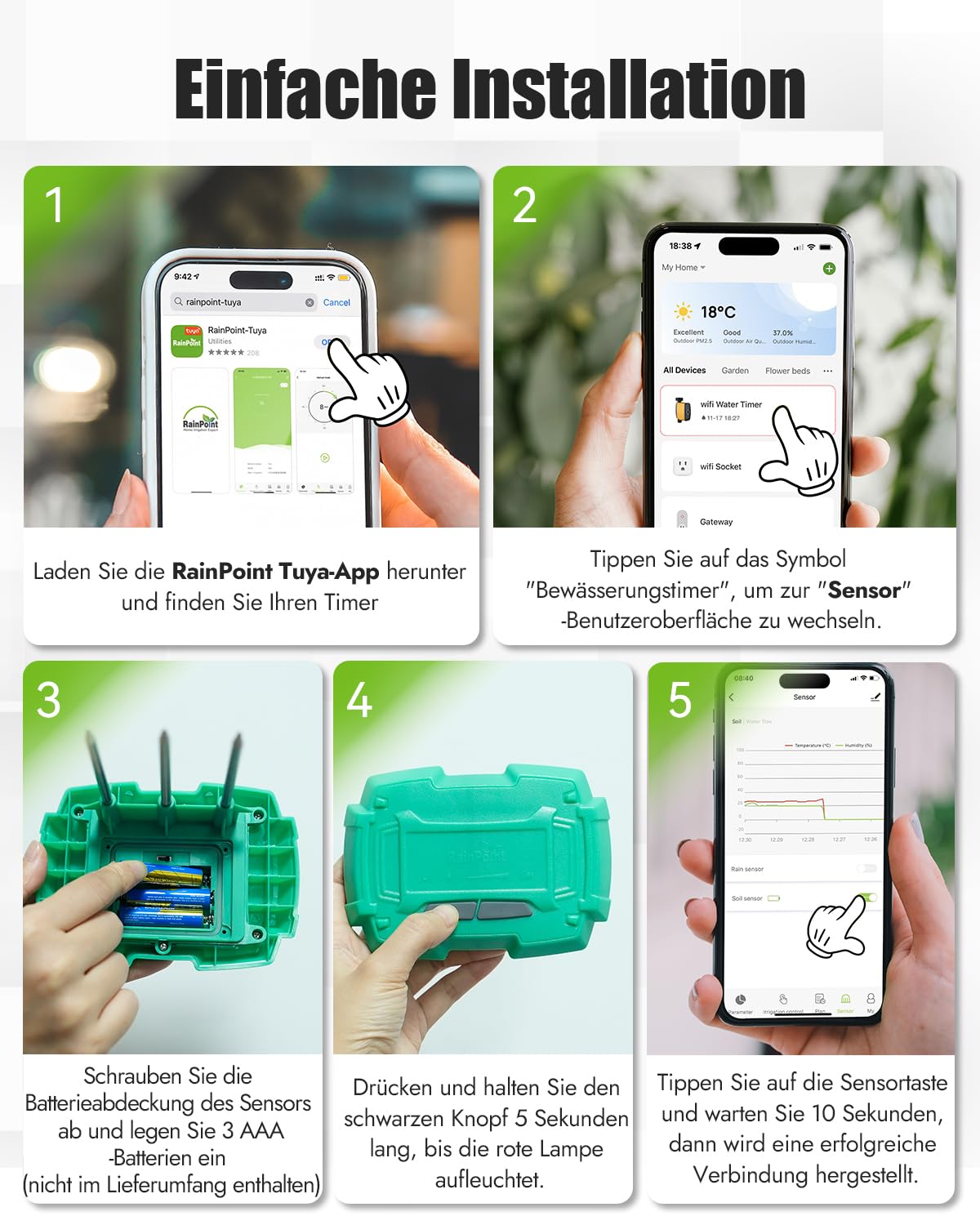 RAINPOINT Capteur d'humidité du Sol WiFi TCS005FRF, Doit être utilisé avec l'ordinateur d'arrosage Wi-FI TTV103WRF ou TTV203WRF, et Le hub WiFi TWG004WRF, contrôle RainPoint Tuya APP (2.4GHz)