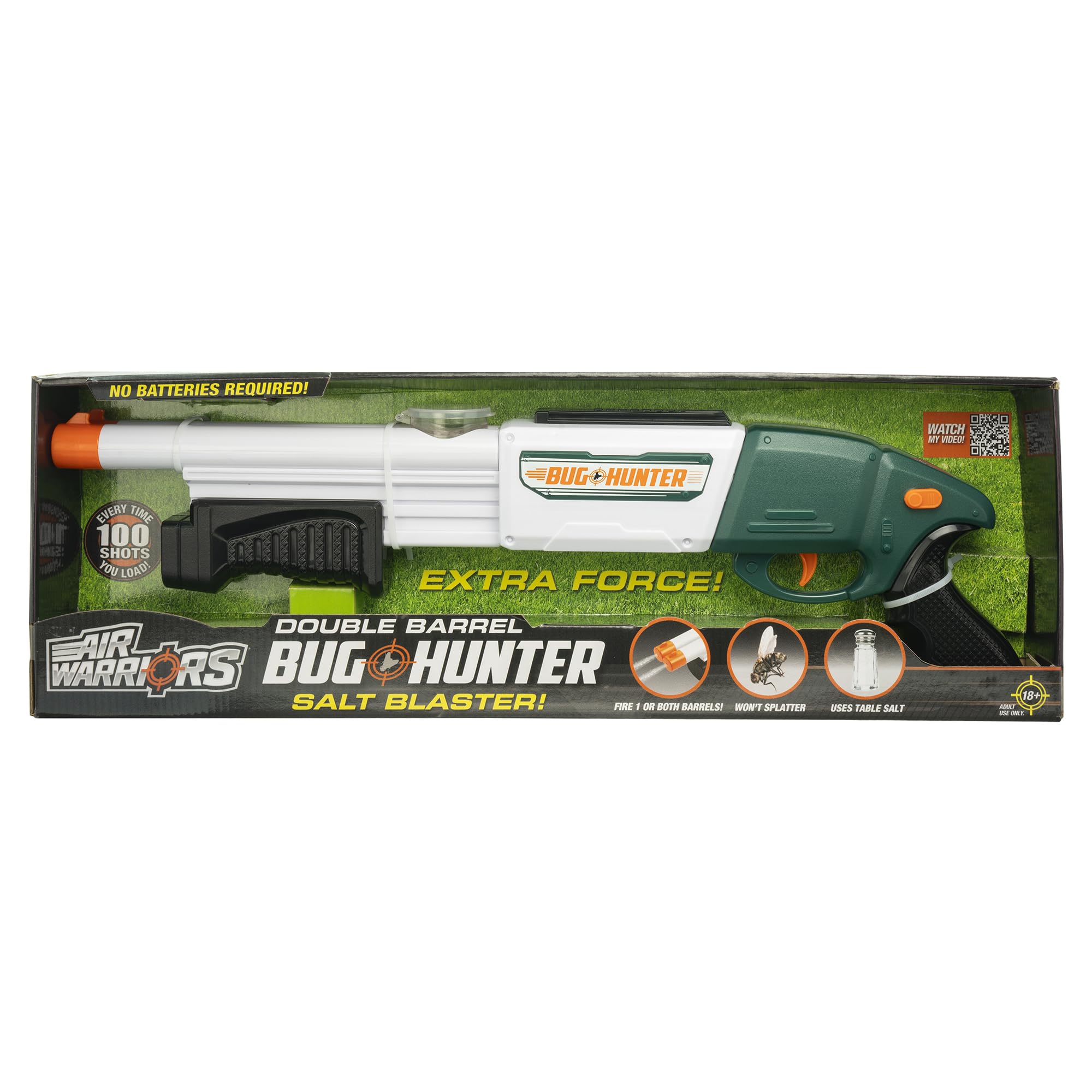 Air Warriors: Bug Hunter - Salt Blaster, Double Barrel, Eliminate Outdoor Bugs, Uses Table Salt, Loads 100 Shots, Adult Use Ages 18+
