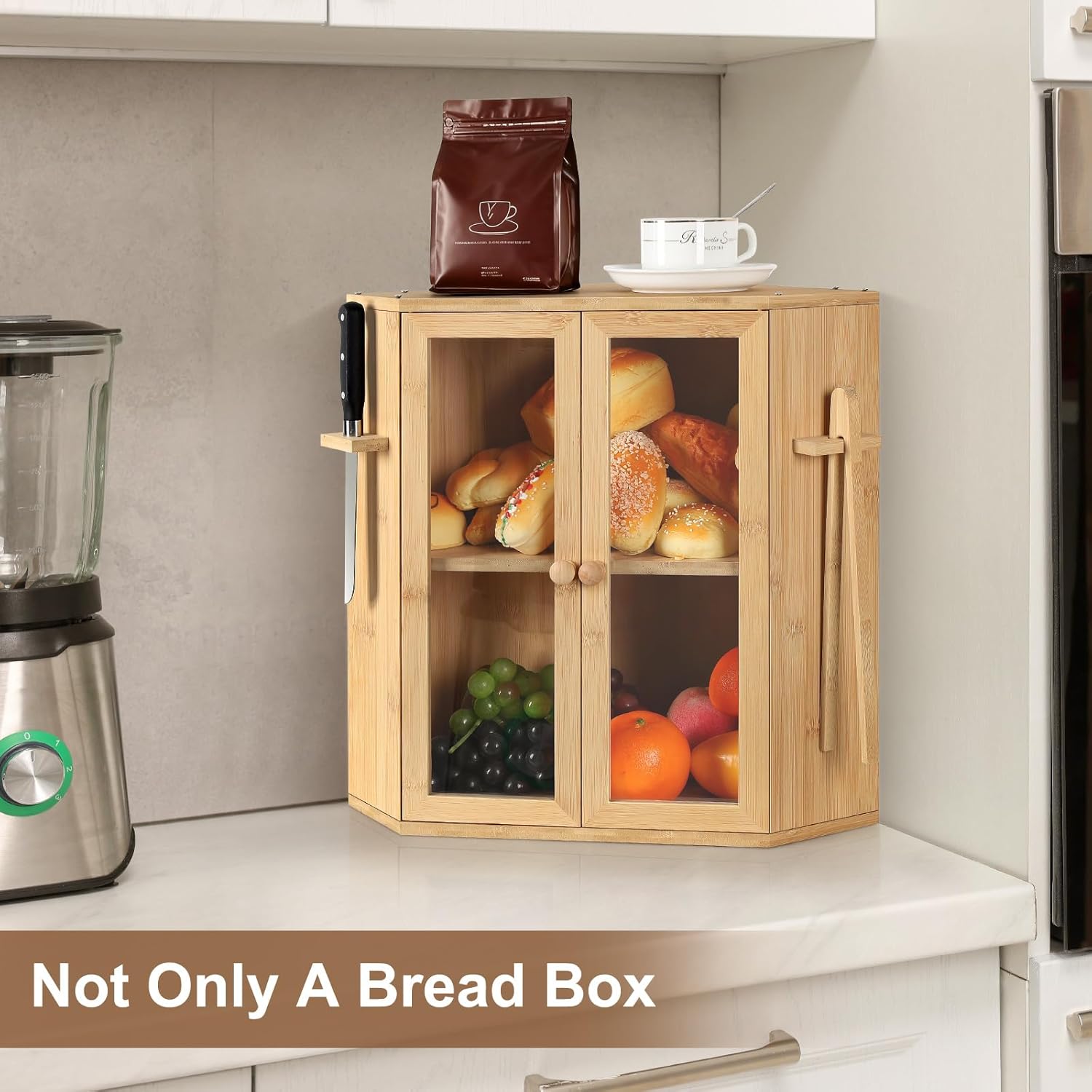 ETELI Corner Bread Box for Kitchen Countertop Double Layer Bamboo Bread Storage Container with Tong and Knife Vintage Bread Bin for Cans Snacks Fruits