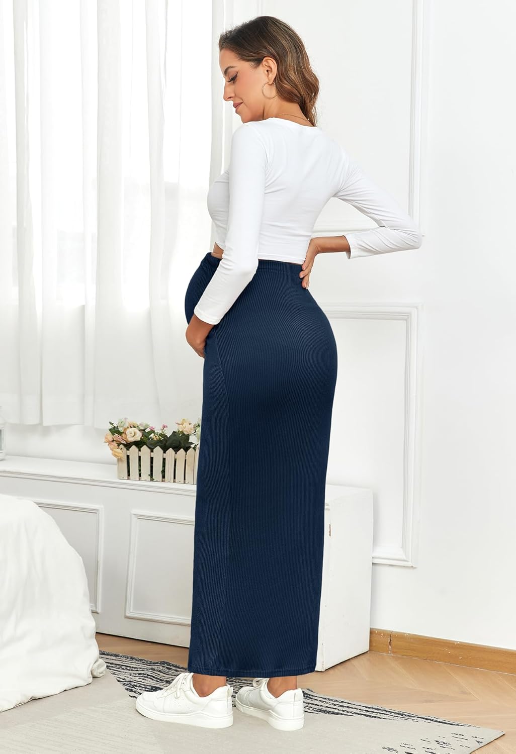 2024 Maternity Adjustable Waist Rib Knit Maxi Skirt Over The Belly Stretchy Pregnancy Long Pencil Skirts - Image 5