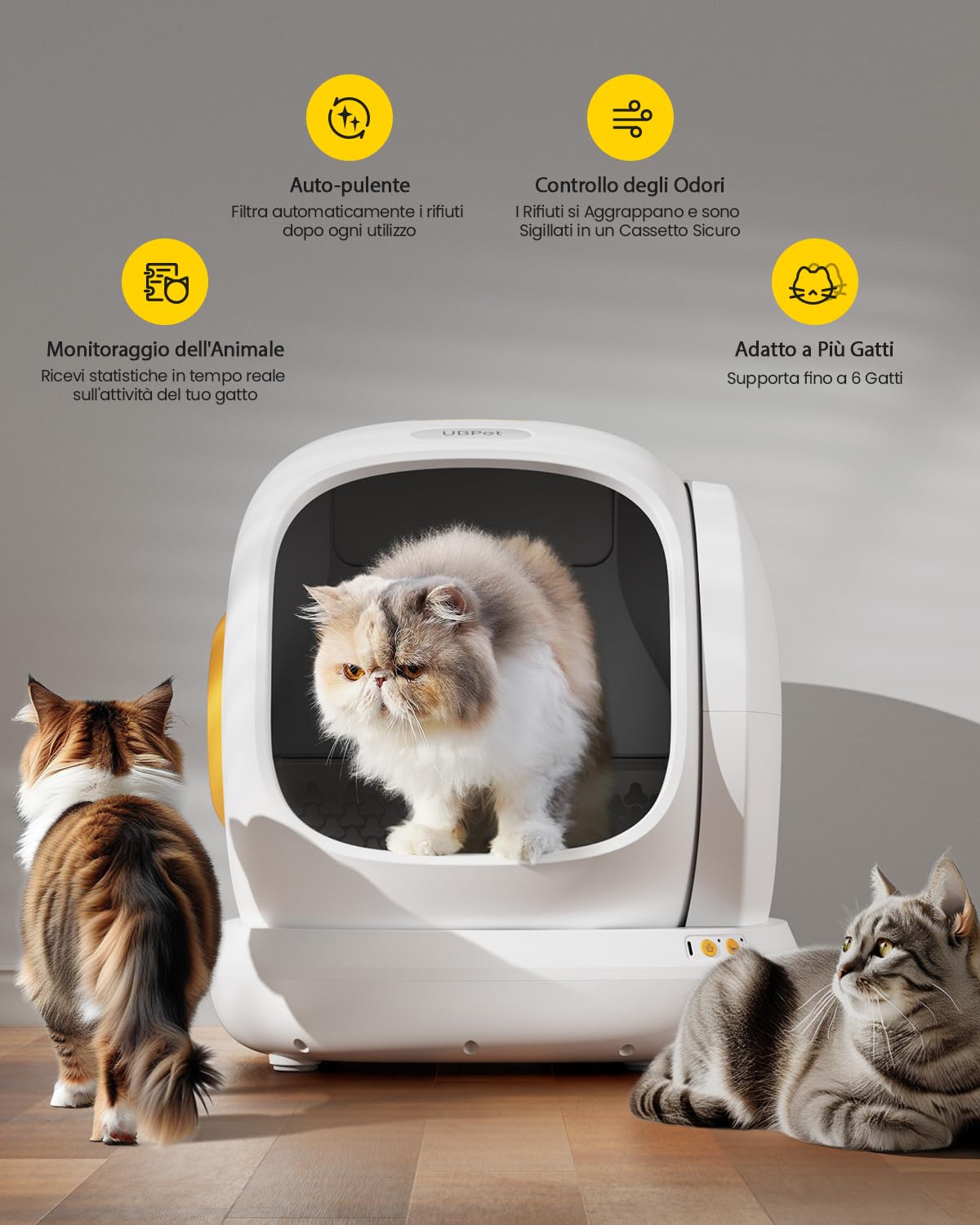 Lettiera Gatto Autopulente UBPET 75L, Lettiera Automatica per Gatti, Anti-Fuites, Anti-Pincement, Anti-Odeur, Controllo APP 2.4GHz Wi-Fi, Sicurezza Avanzata, Durabile e Silenziosa per Più Gatti