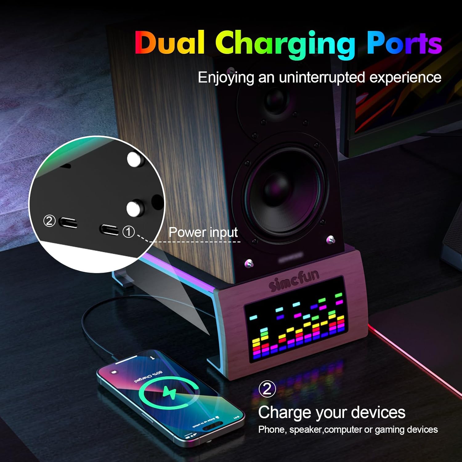 Desktop RGB Tilt Speaker Stands with Dynamic LED Spectrum Analyzer-Vibration Absorption Pad-Small and Medium Bookshelf/Computer Speakers – Adjustable Light Modes Music Spectrum