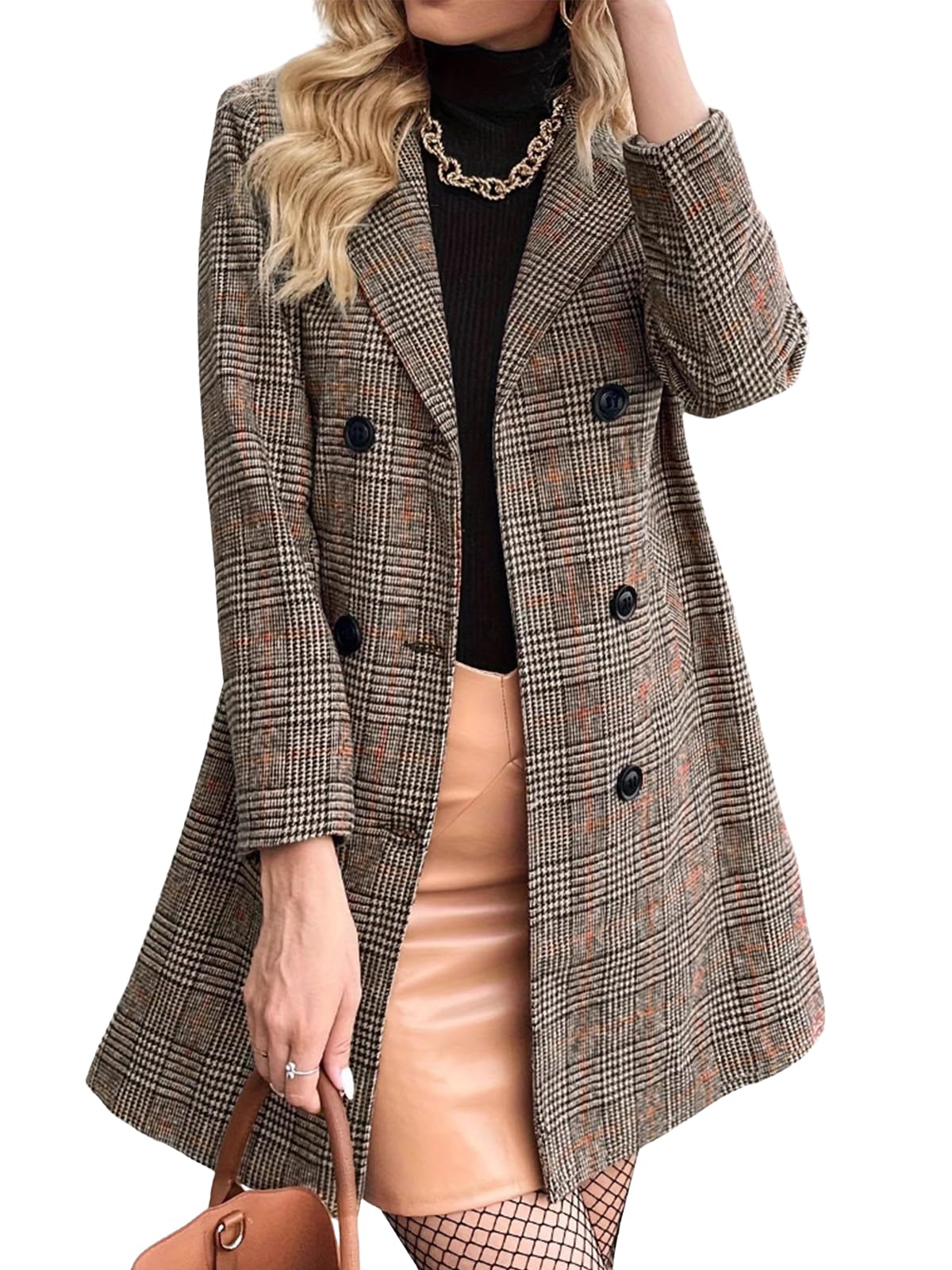 Womens Houndstooth Plaid Double Breasted Blazer Jacket Lapel Collar Business Casual Mid Long Office Blazer