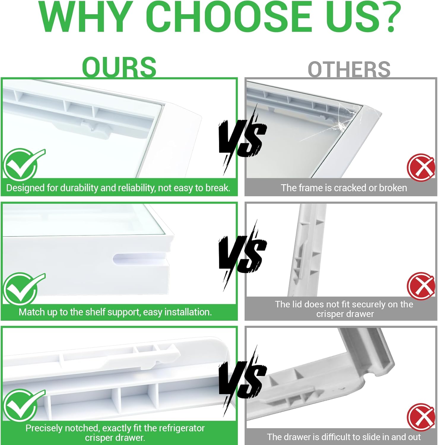 W10508993, W10864399 Refrigerator Glass Crisper Cover Compatible with whirlpool, kenmore, maytag, amana and kitchenAid etc, Crisper Drawer Cover Assembly W10275293 Replace 2217039, 2206096, 2209698