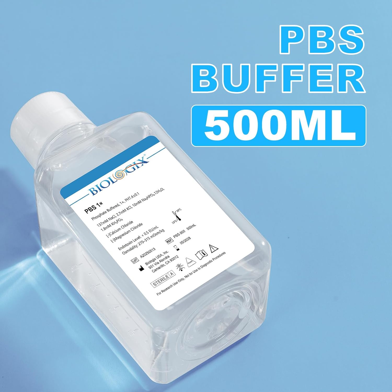 Phosphate Buffered Saline 1X, PBS Buffer 0.1um Filtration, 7.4pH, Sterilize, Reay to use Buffer for Laboratory, 500ml/Bottle, 6 Bottle/Case