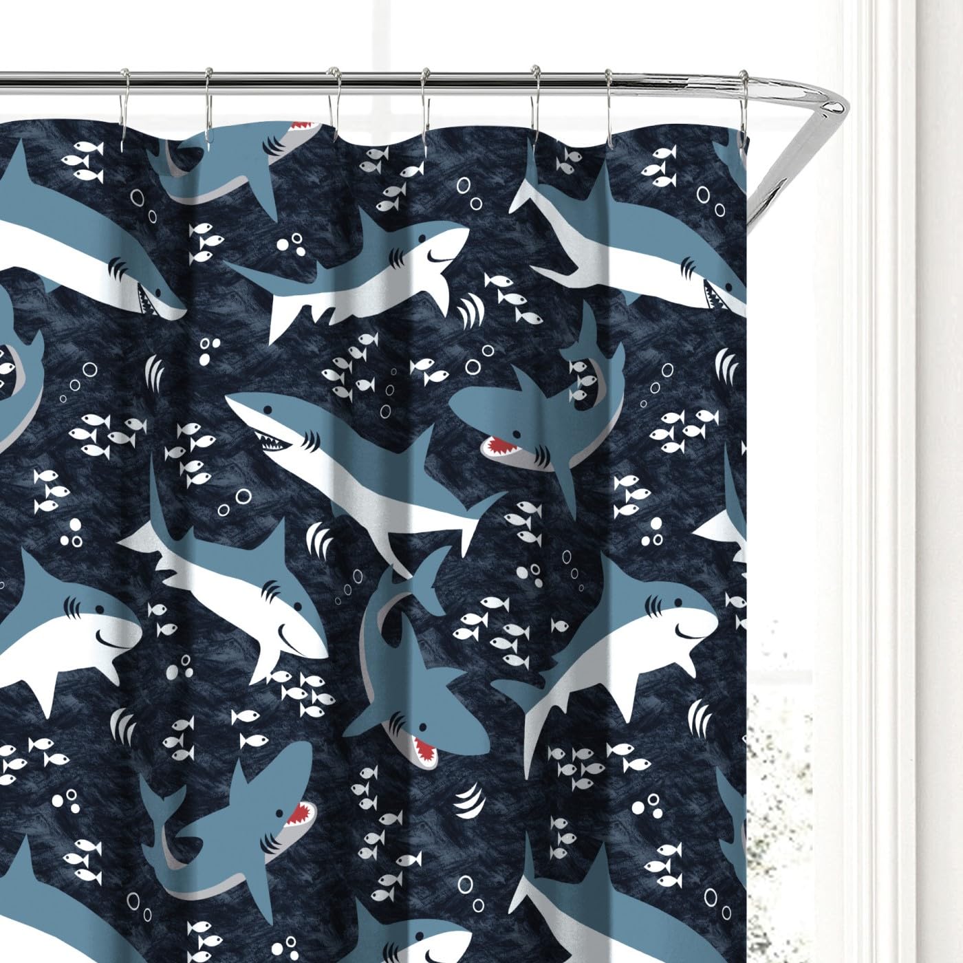 dream FACTORY Cortina de Ducha de Tela para niños, 72 Pulgadas de Ancho x 72 Pulgadas de Largo, Tiburones Azules